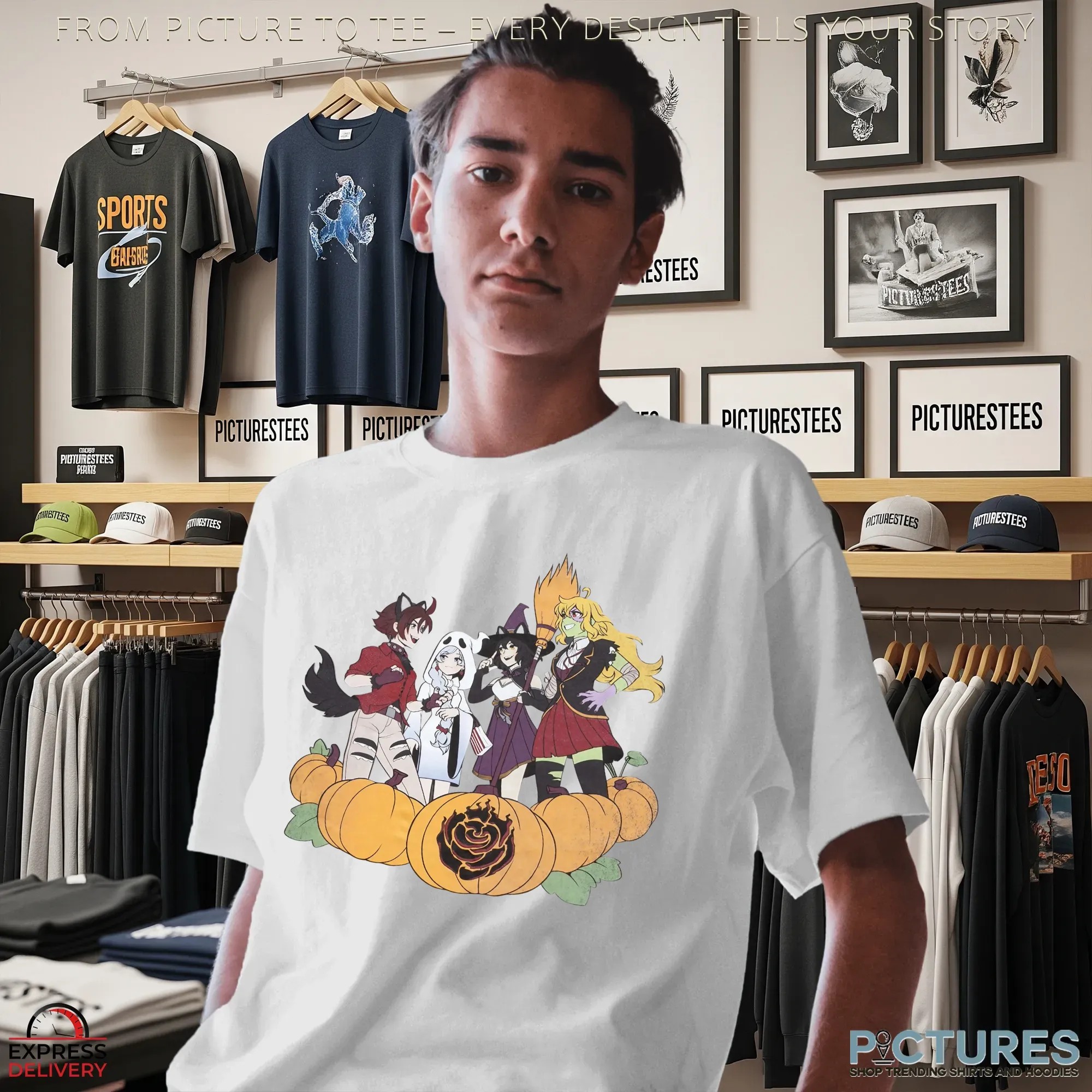 Bioworld RWBY Character Ruby Rose Weiss Schnee Blake Belladonna Yang Xiao Long Group Pumpkin Halloween T Shirt