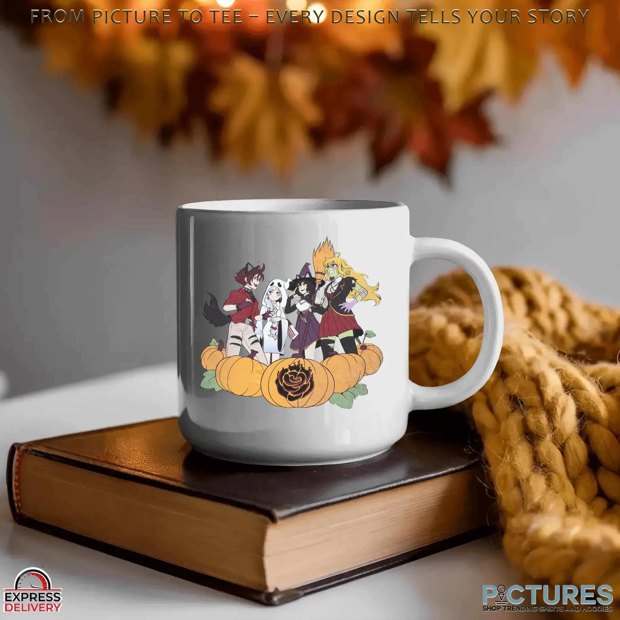 Bioworld RWBY Character Ruby Rose Weiss Schnee Blake Belladonna Yang Xiao Long Group Pumpkin Halloween T Shirt