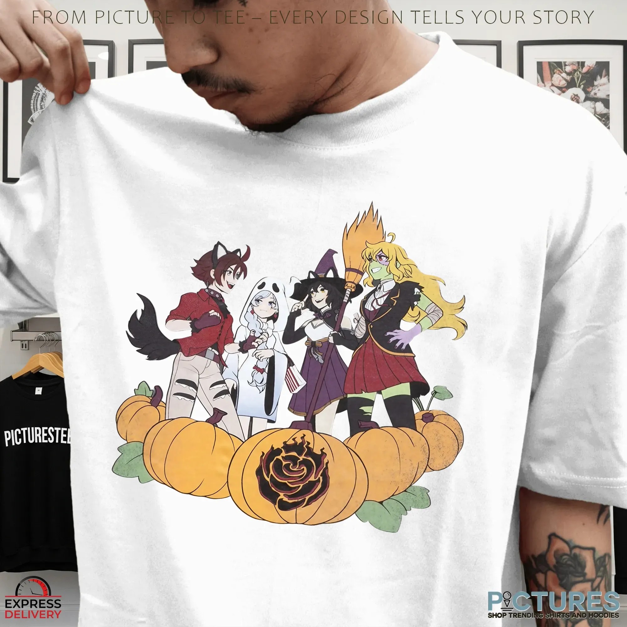 Bioworld RWBY Character Ruby Rose Weiss Schnee Blake Belladonna Yang Xiao Long Group Pumpkin Halloween T Shirt