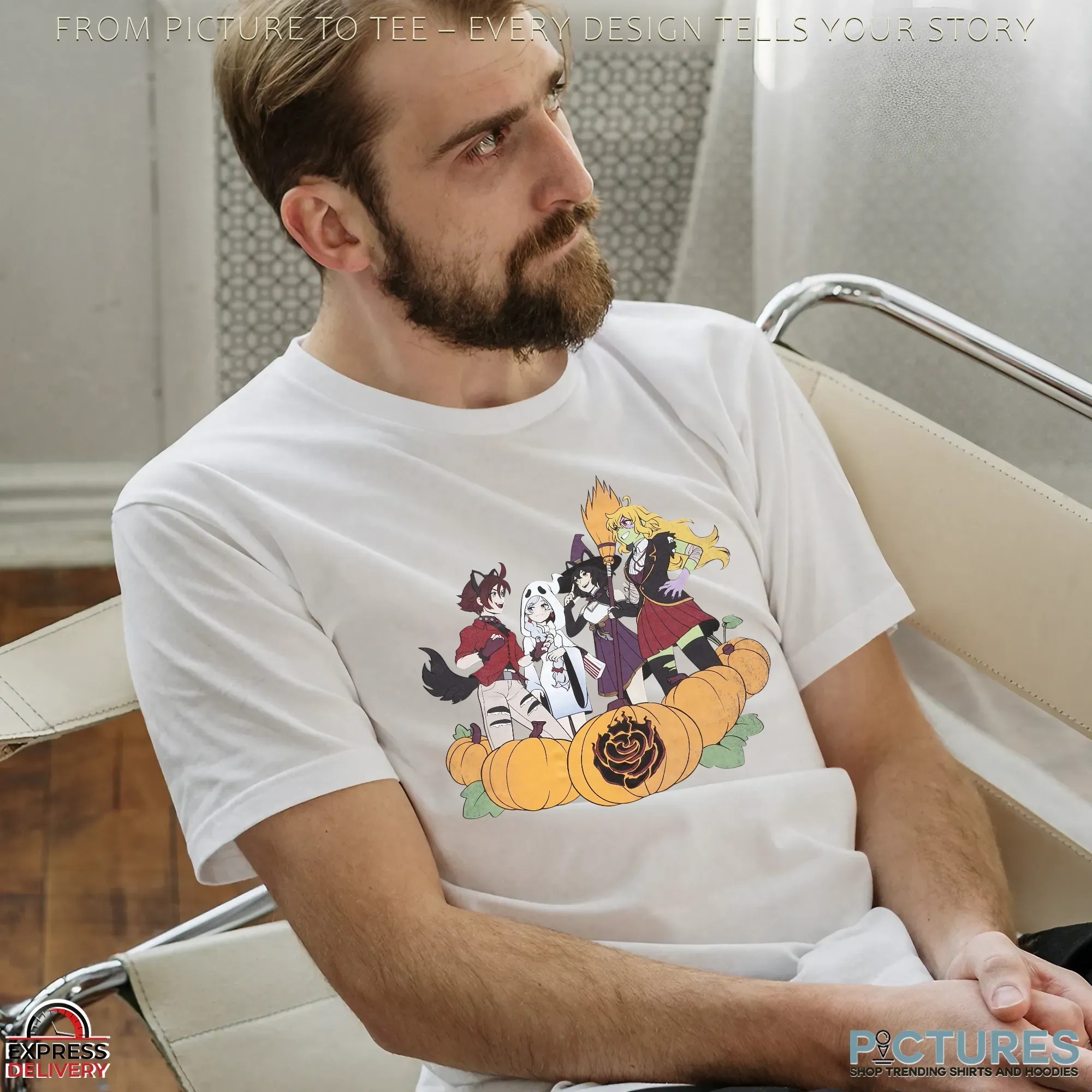 Bioworld RWBY Character Ruby Rose Weiss Schnee Blake Belladonna Yang Xiao Long Group Pumpkin Halloween T Shirt