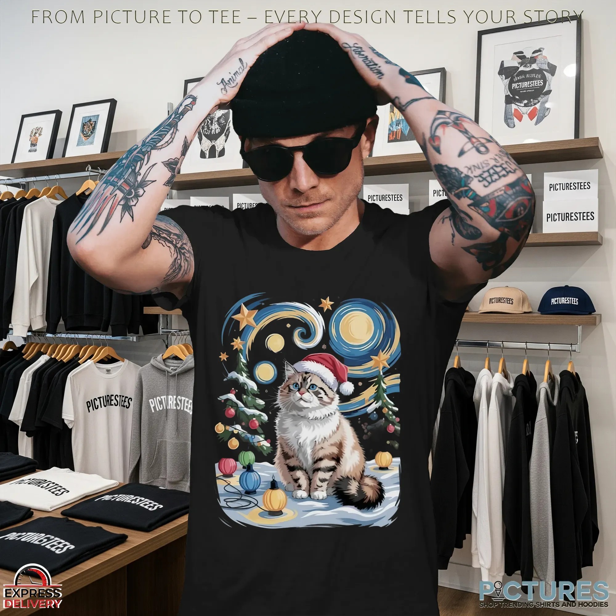 Cat Santa Hat Starry Night Christmas T Shirt