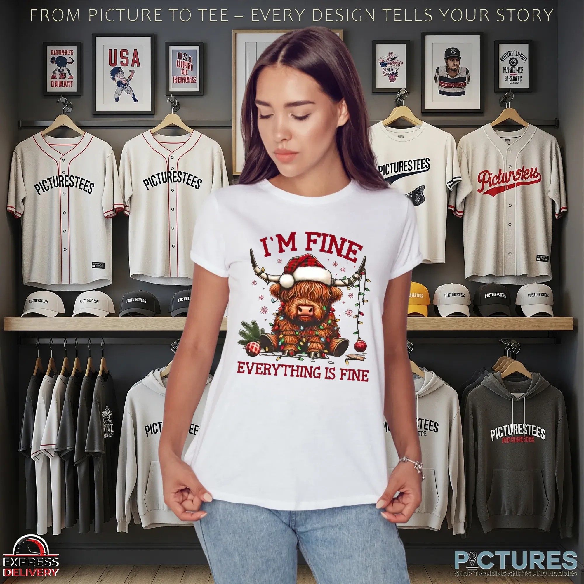 Cow Im Fine Everything Is Fine Christmas Lights T Shirt