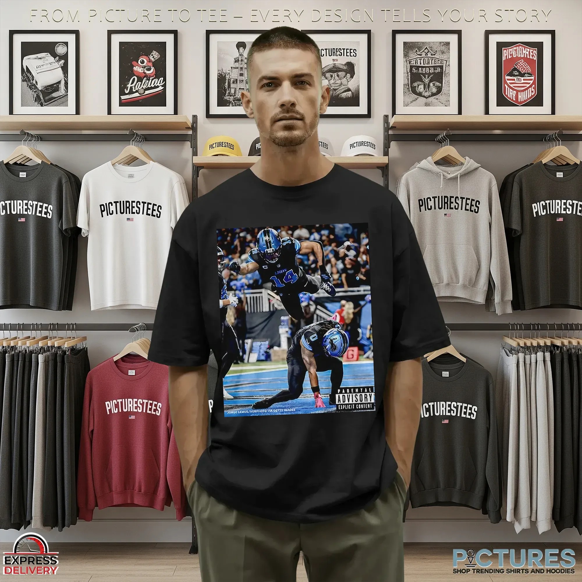Detroit Lions Jahmyr Gibbs And Amon Ra St Brown Superman Iconic Moment Parental Advisory Photo T Shirt