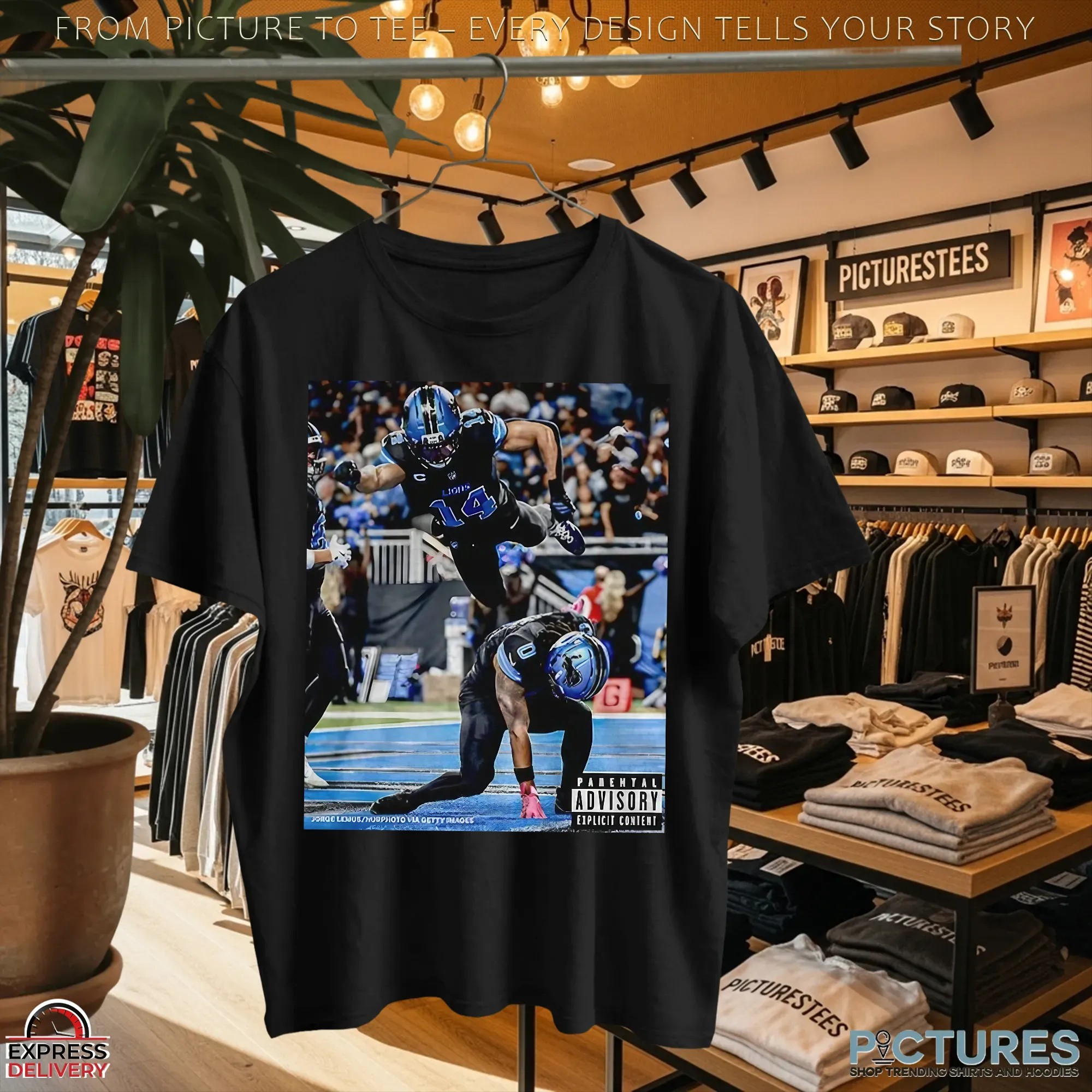 Detroit Lions Jahmyr Gibbs And Amon Ra St Brown Superman Iconic Moment Parental Advisory Photo T Shirt