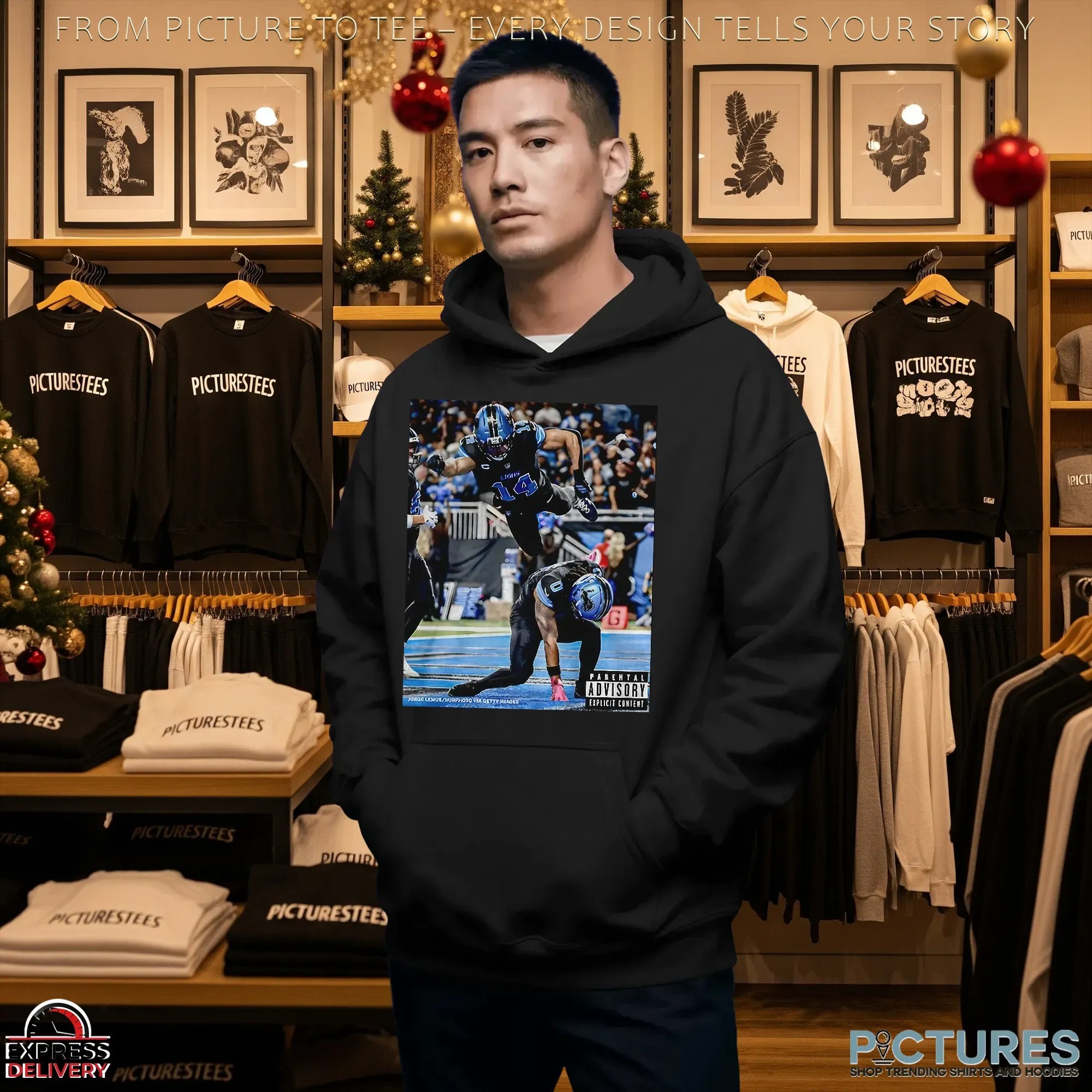 Detroit Lions Jahmyr Gibbs And Amon Ra St Brown Superman Iconic Moment Parental Advisory Photo T Shirt