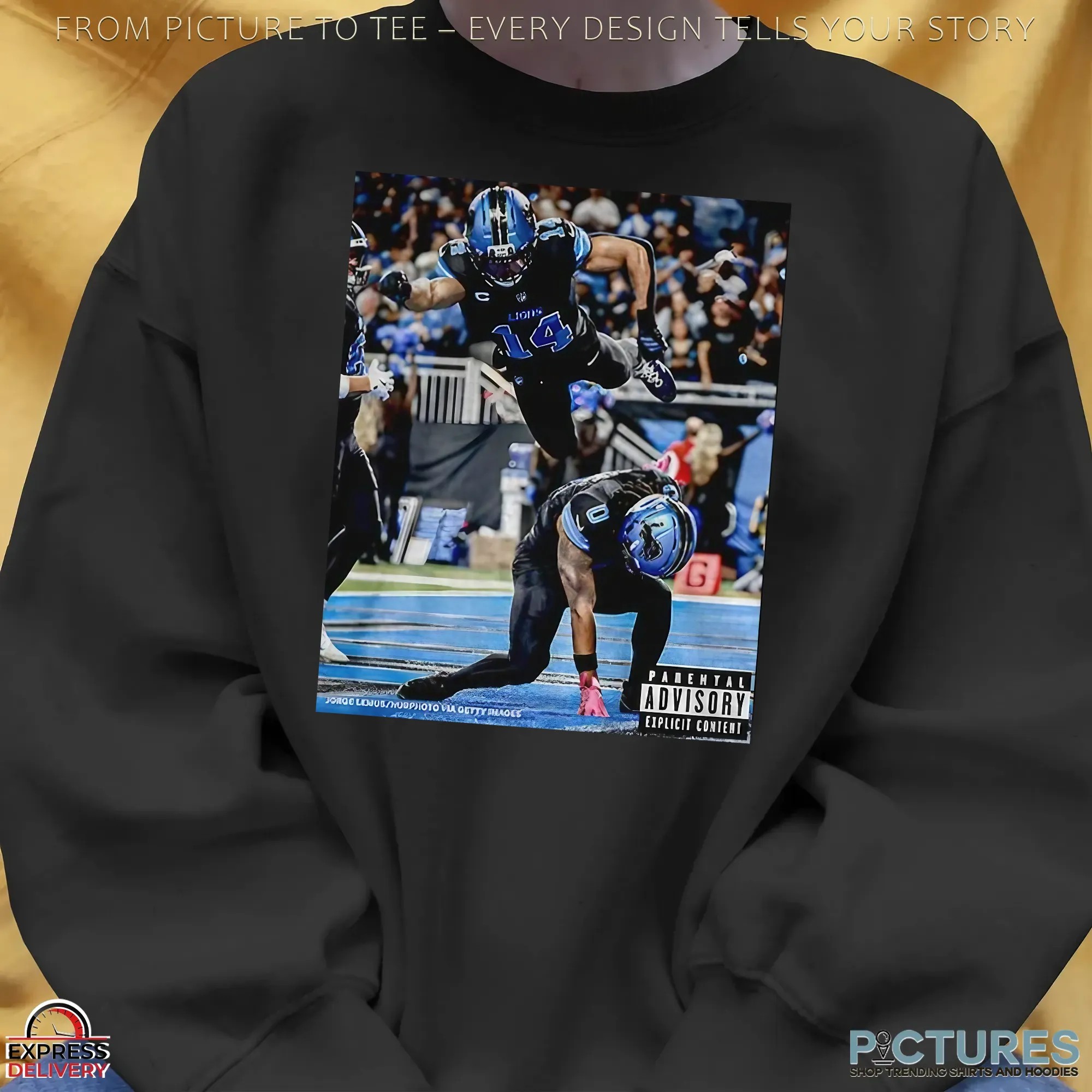 Detroit Lions Jahmyr Gibbs And Amon Ra St Brown Superman Iconic Moment Parental Advisory Photo T Shirt