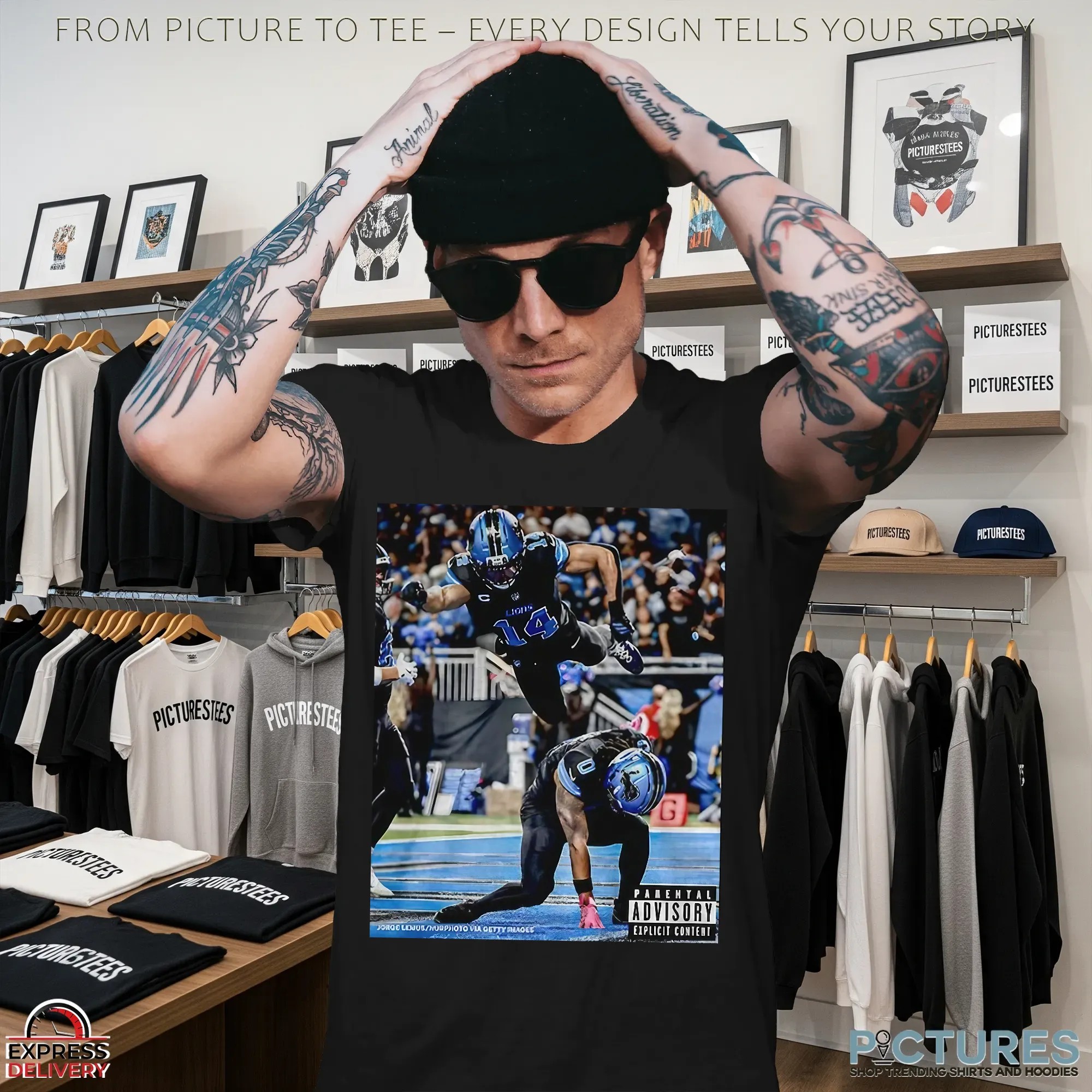 Detroit Lions Jahmyr Gibbs And Amon Ra St Brown Superman Iconic Moment Parental Advisory Photo T Shirt