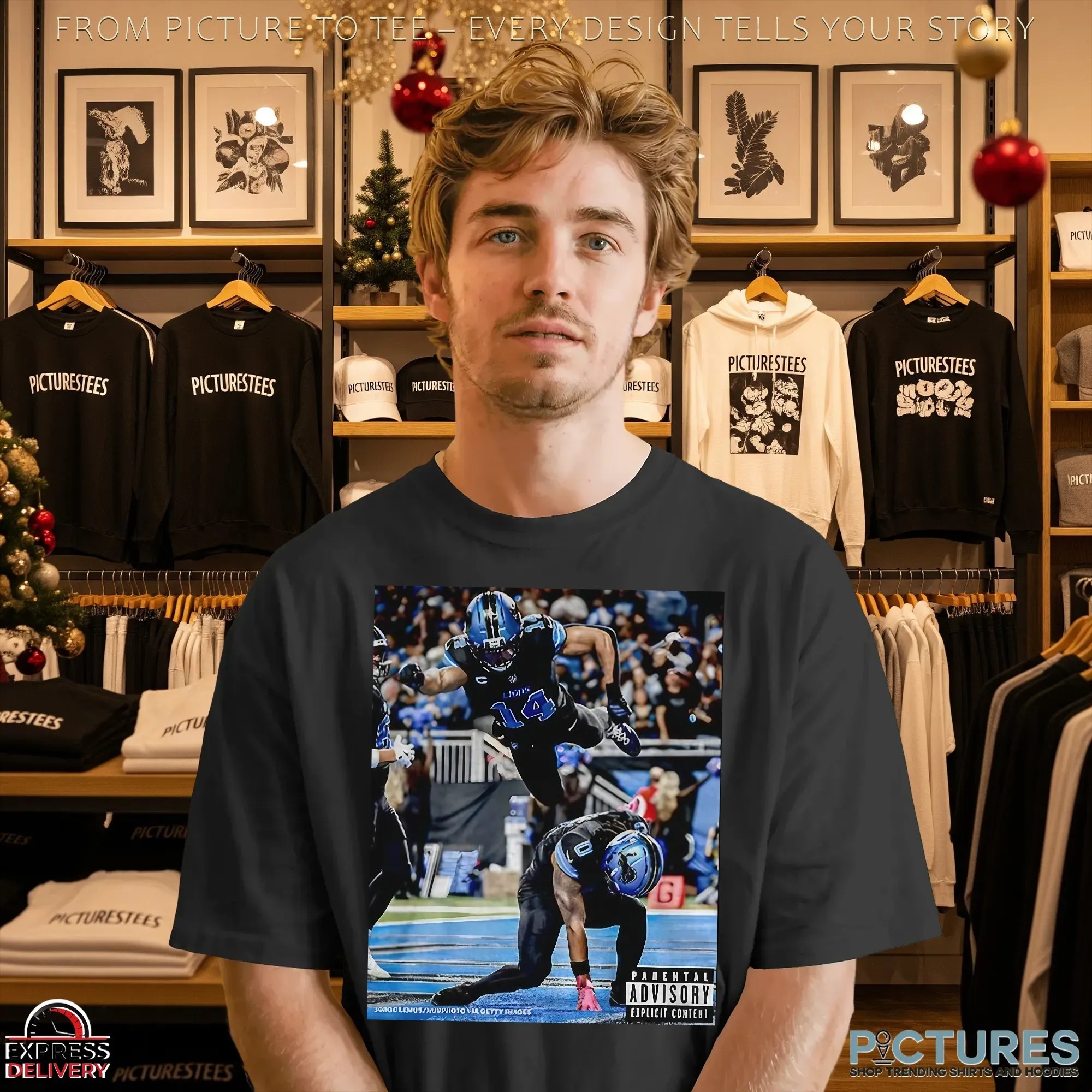 Detroit Lions Jahmyr Gibbs And Amon Ra St Brown Superman Iconic Moment Parental Advisory Photo T Shirt