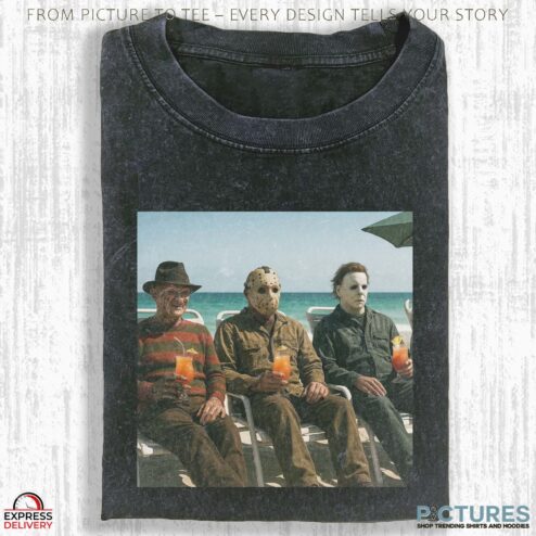 Freddy Krueger Jason Voorhees Michael Myers With Orange Juice On The Beach Halloween T Shirt