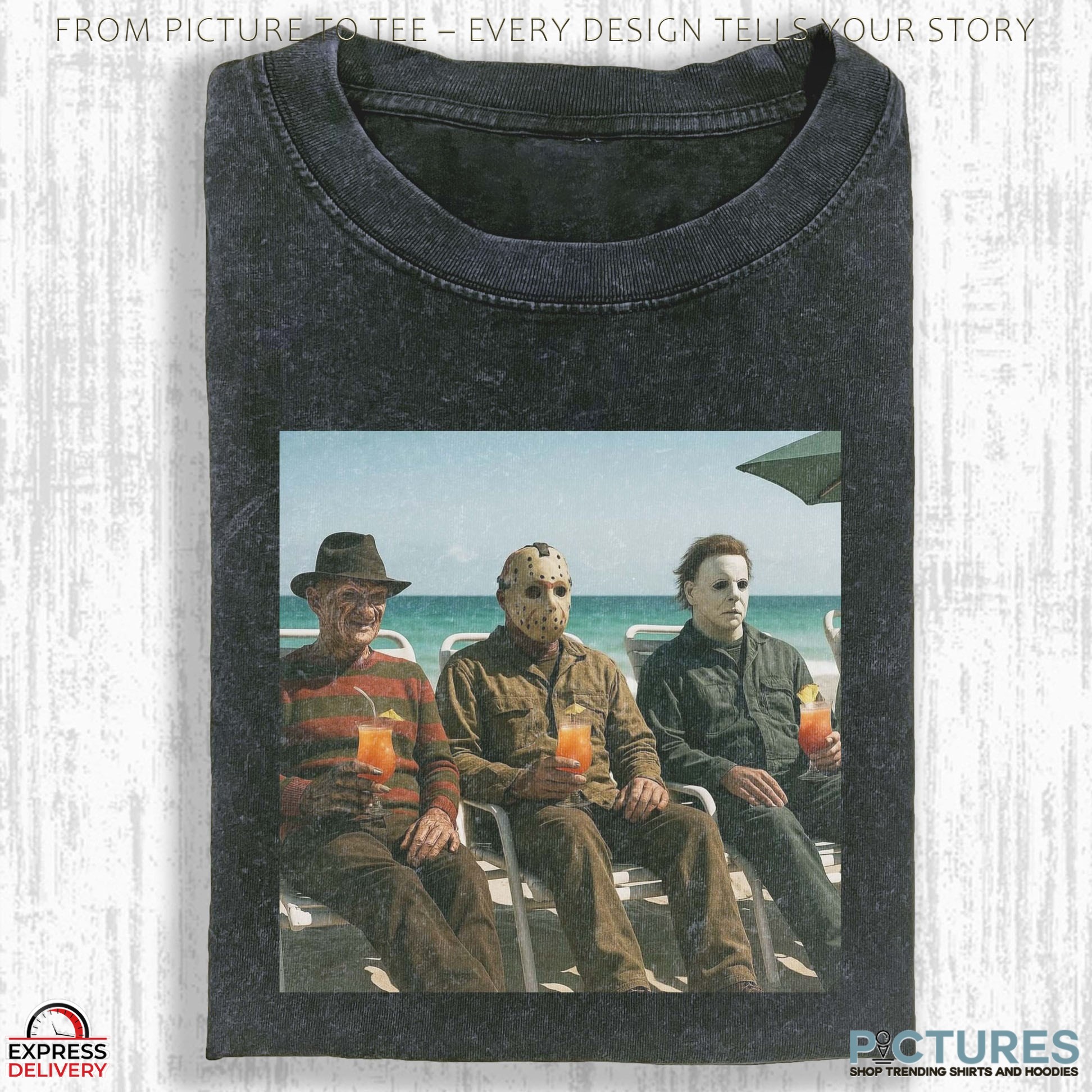 Freddy Krueger Jason Voorhees Michael Myers With Orange Juice On The Beach Halloween T Shirt