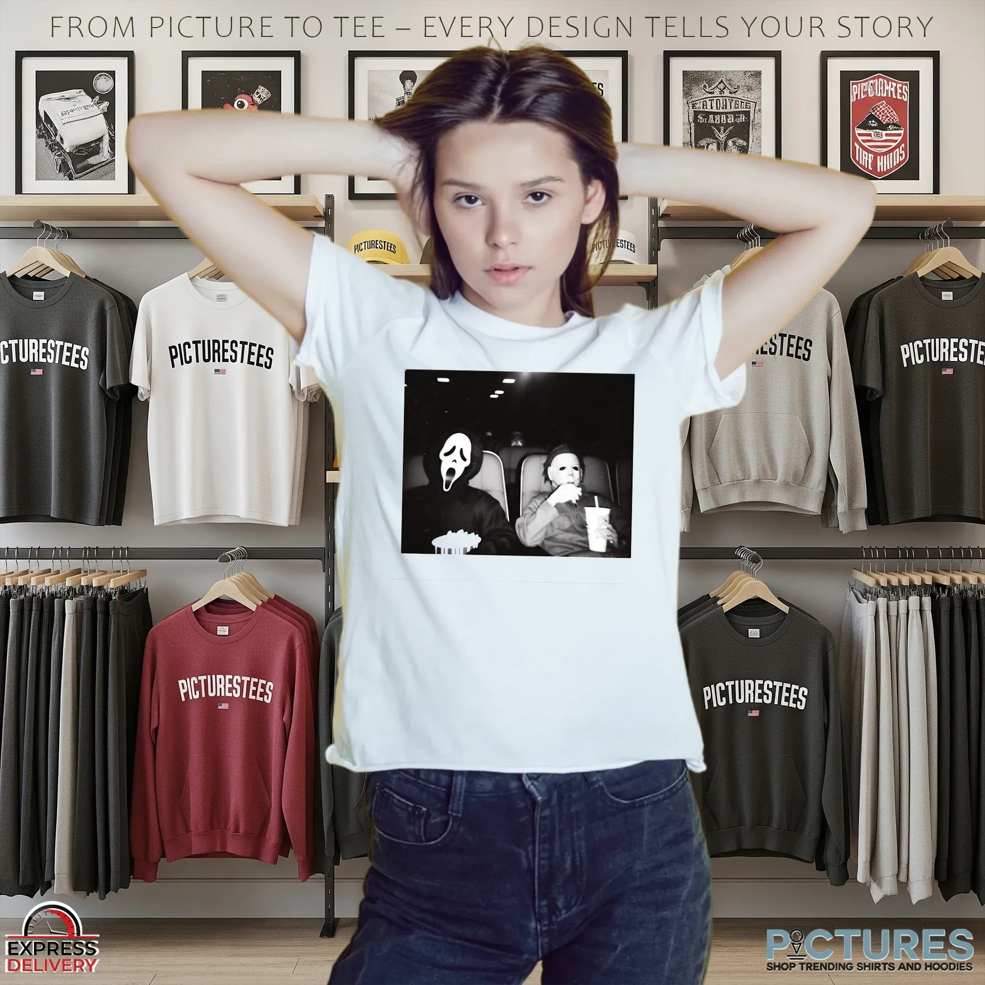 Ghostface and Michael Myers Horror Movie Night Black and White Halloween Graphic T Shirt