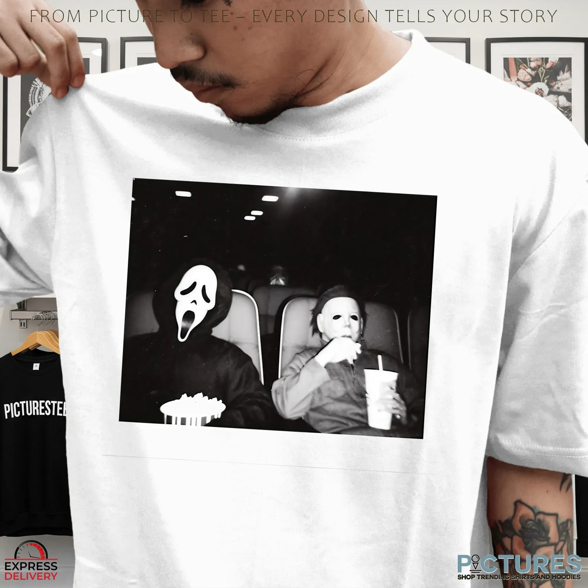 Ghostface and Michael Myers Horror Movie Night Black and White Halloween Graphic T Shirt