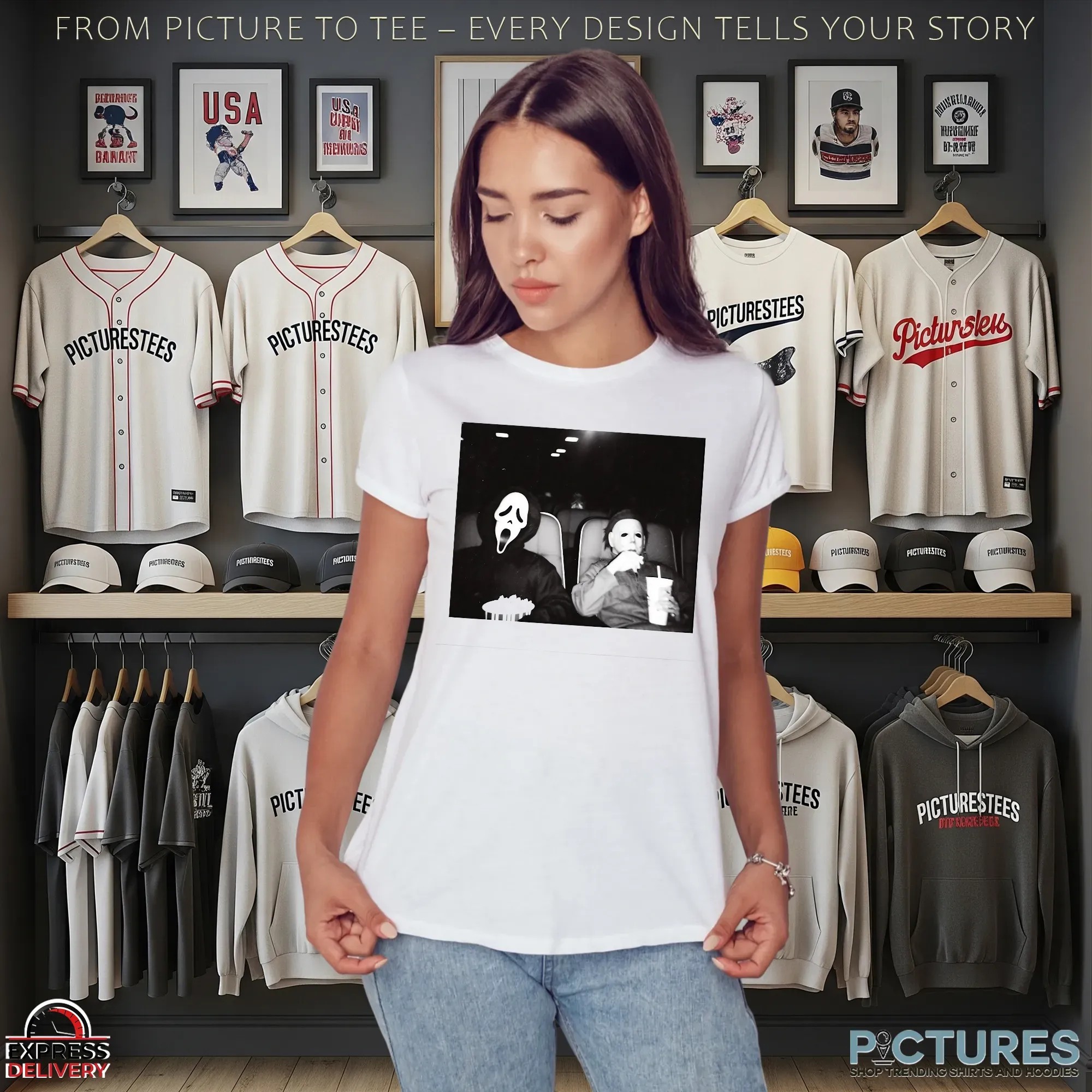 Ghostface and Michael Myers Horror Movie Night Black and White Halloween Graphic T Shirt