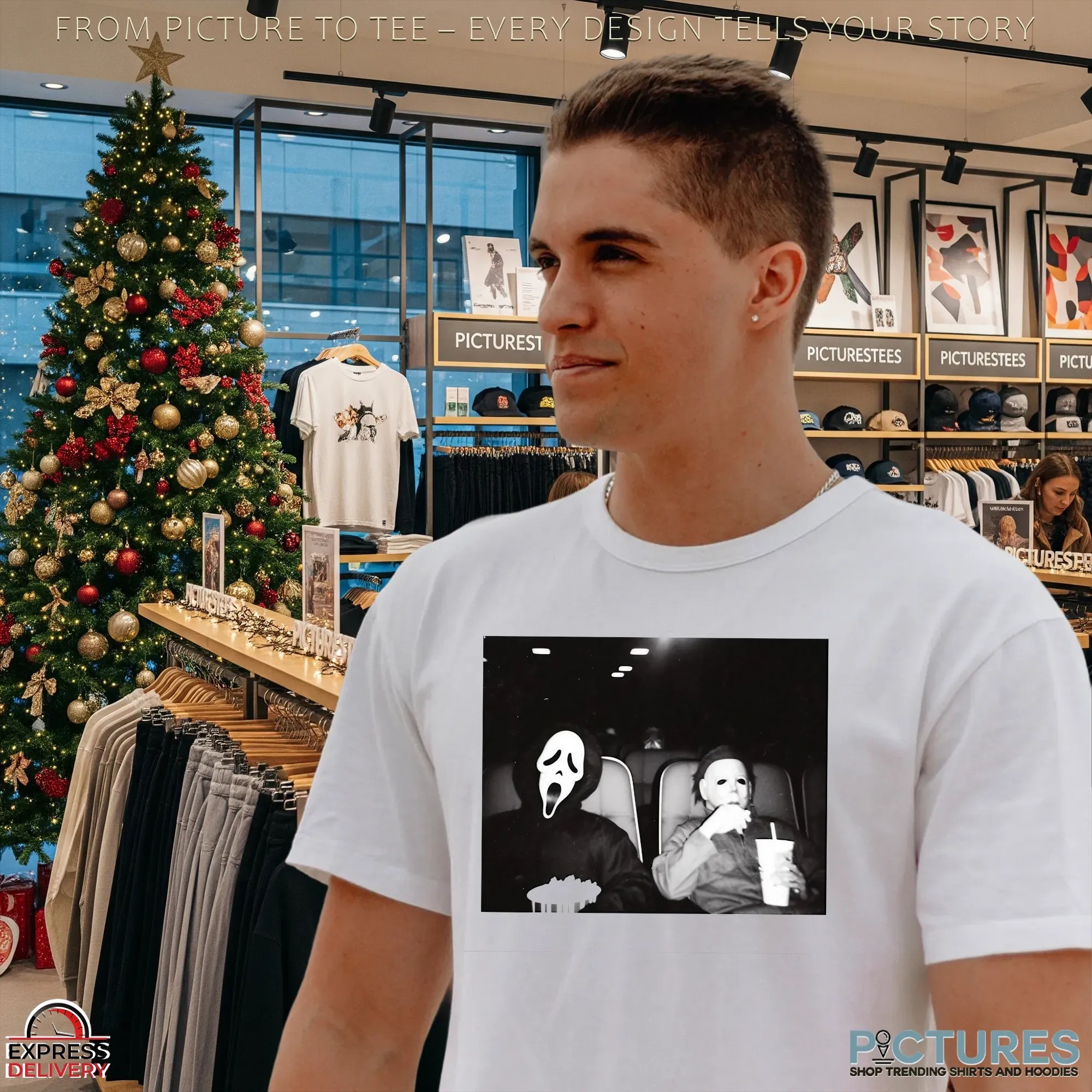 Ghostface and Michael Myers Horror Movie Night Black and White Halloween Graphic T Shirt