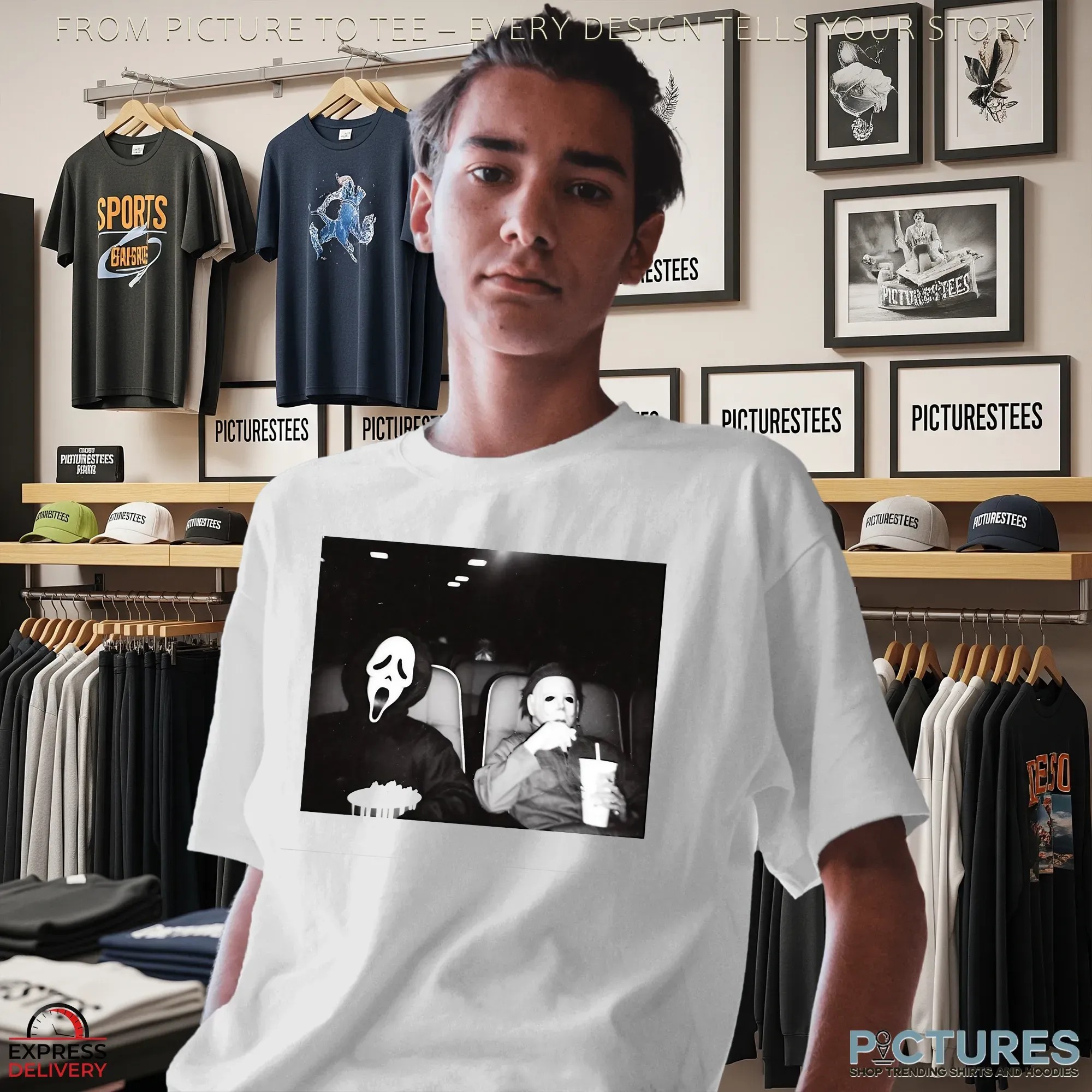 Ghostface and Michael Myers Horror Movie Night Black and White Halloween Graphic T Shirt
