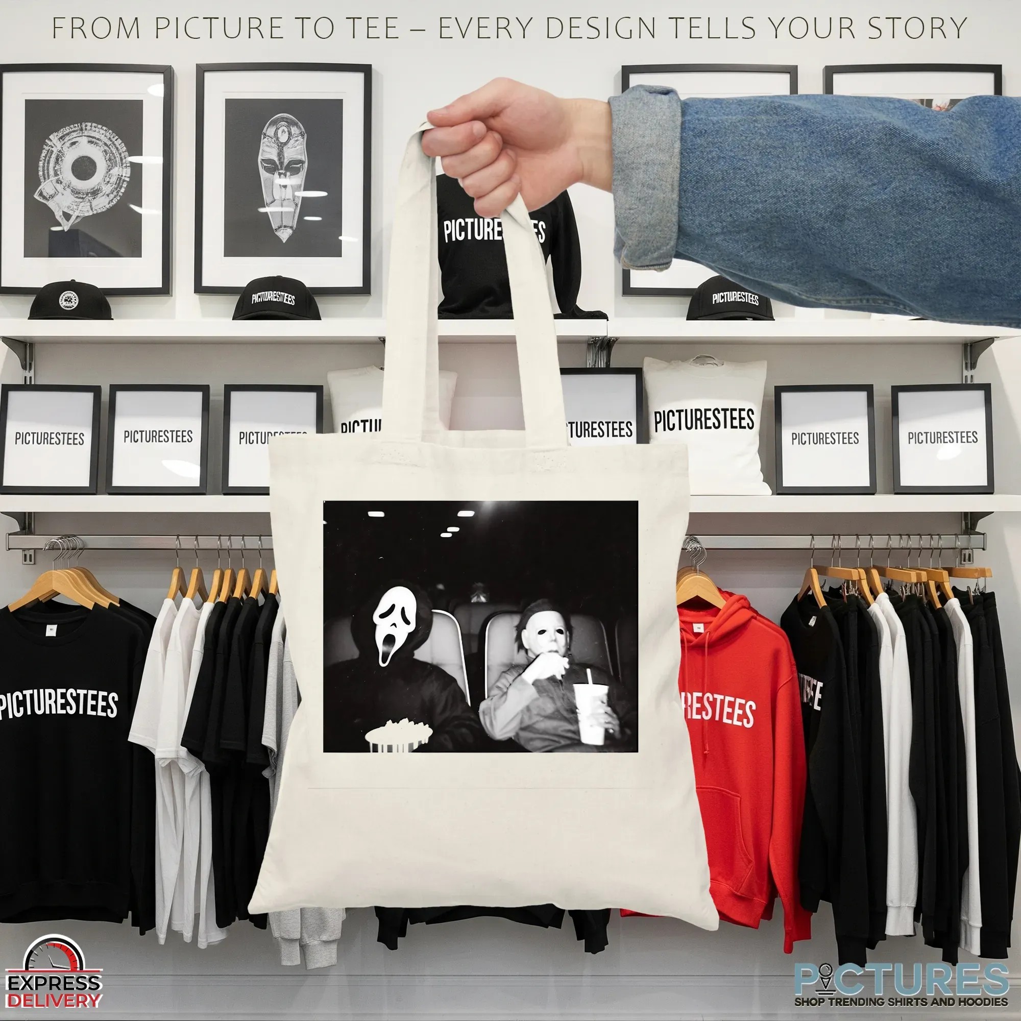 Ghostface and Michael Myers Horror Movie Night Black and White Halloween Graphic T Shirt