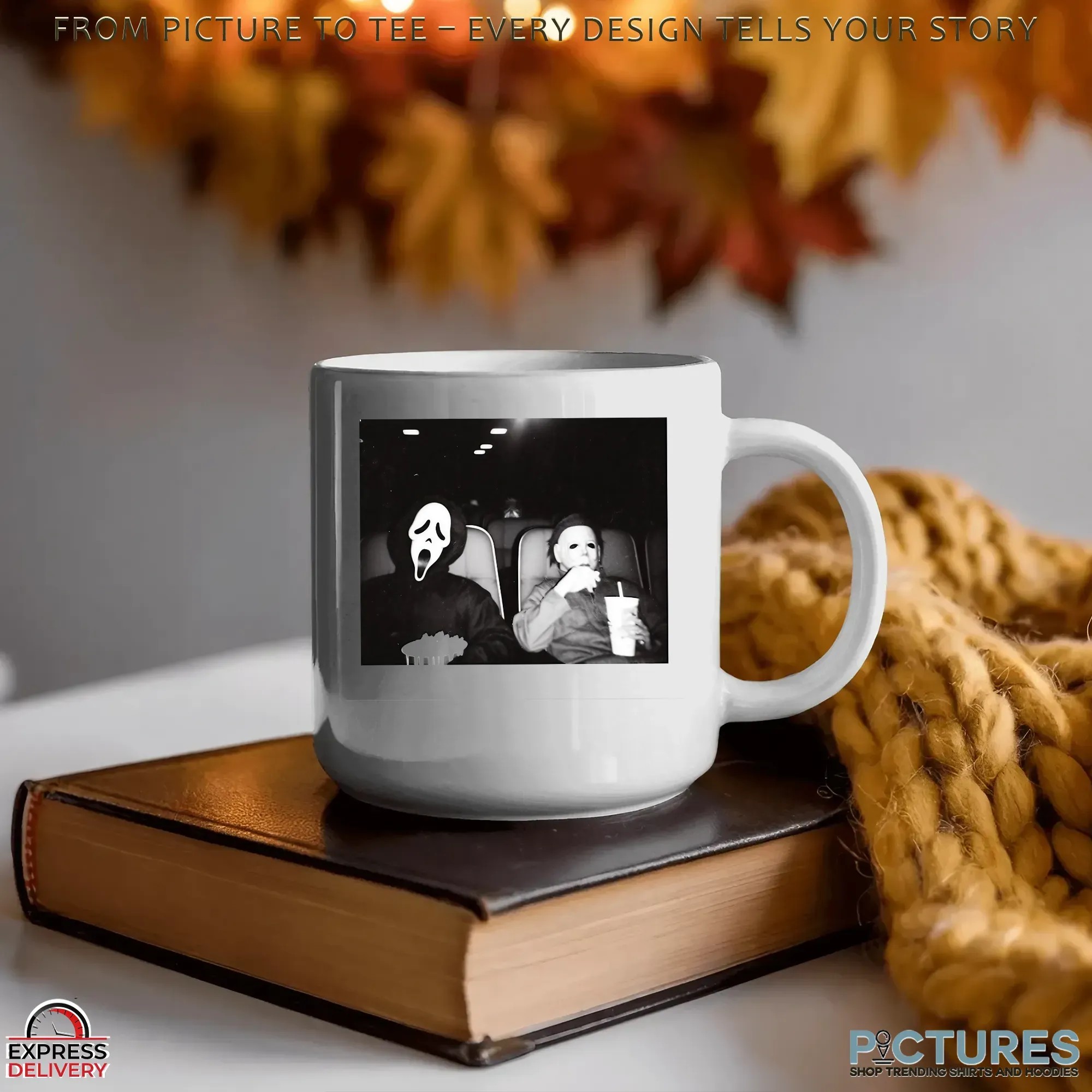 Ghostface and Michael Myers Horror Movie Night Black and White Halloween Graphic T Shirt