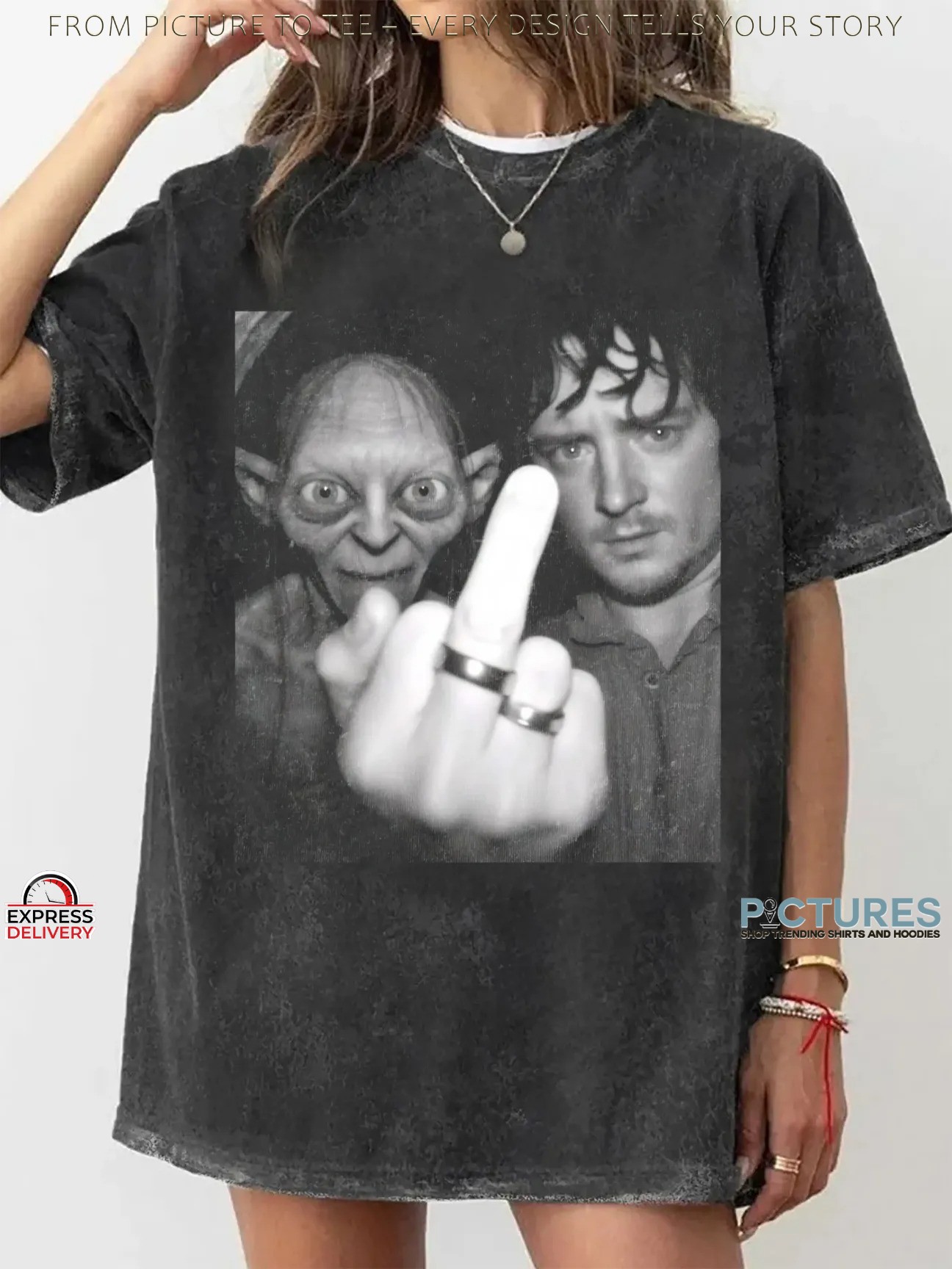 Gollum and Elijah Wood Lord Of The Rings Middle Finger T Shirt