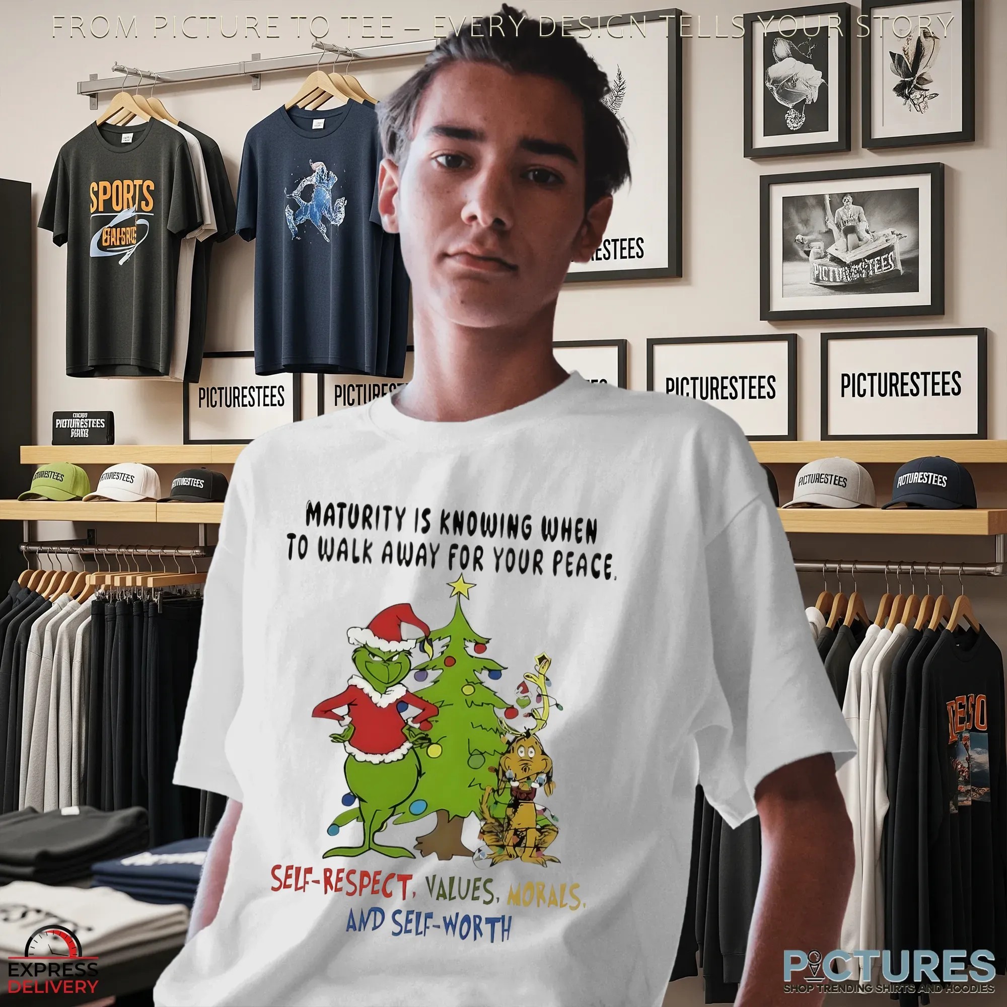 Grinch Maturity Is Knowing When To Walk Away For Your Peace Self-respect Values Morals And Self Worth Christmas Tree T Shirt