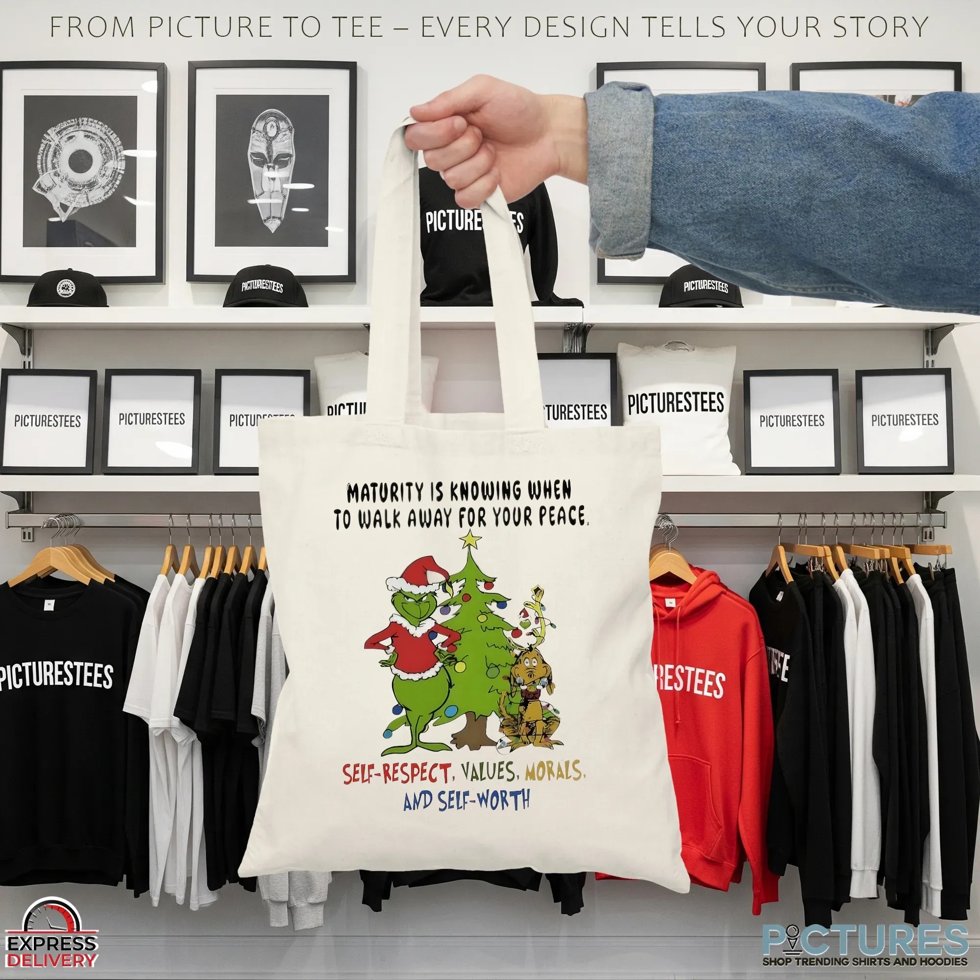 Grinch Maturity Is Knowing When To Walk Away For Your Peace Self-respect Values Morals And Self Worth Christmas Tree T Shirt