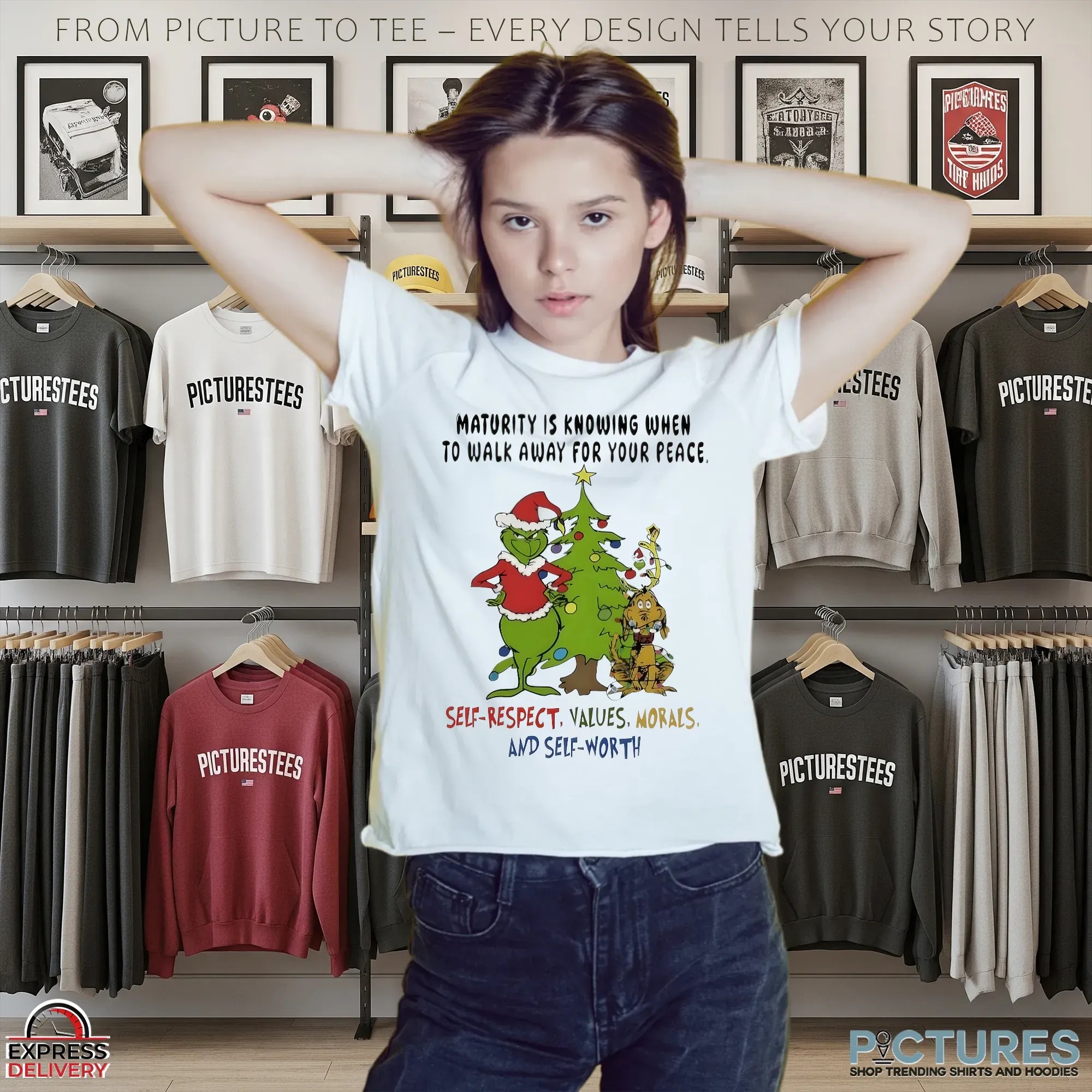 Grinch Maturity Is Knowing When To Walk Away For Your Peace Self-respect Values Morals And Self Worth Christmas Tree T Shirt
