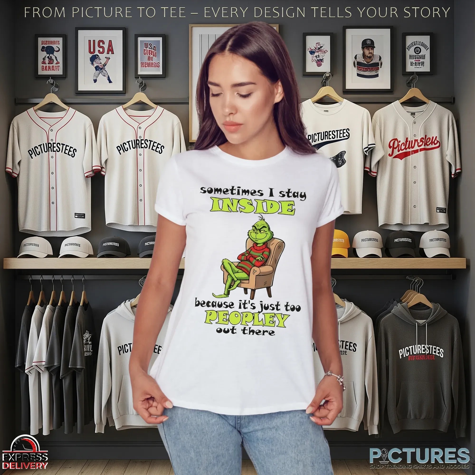 Grinch Sometimes I Stay Inside Because It's Just Too Peopley Out There Christmas T Shirt