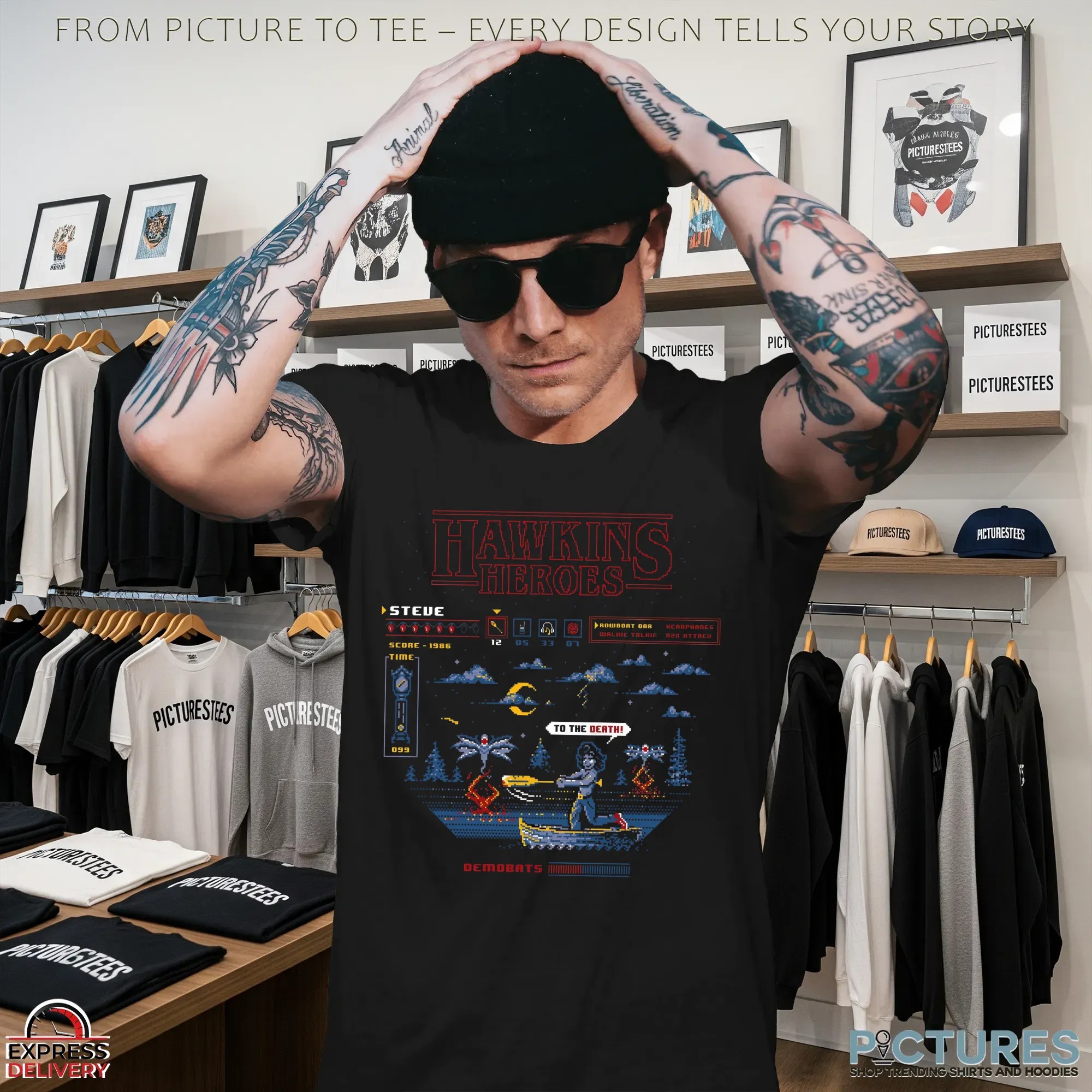 Hawkins Heroes Stranger Things Featuring Steve vs Demobats Retro Pixel T Shirt