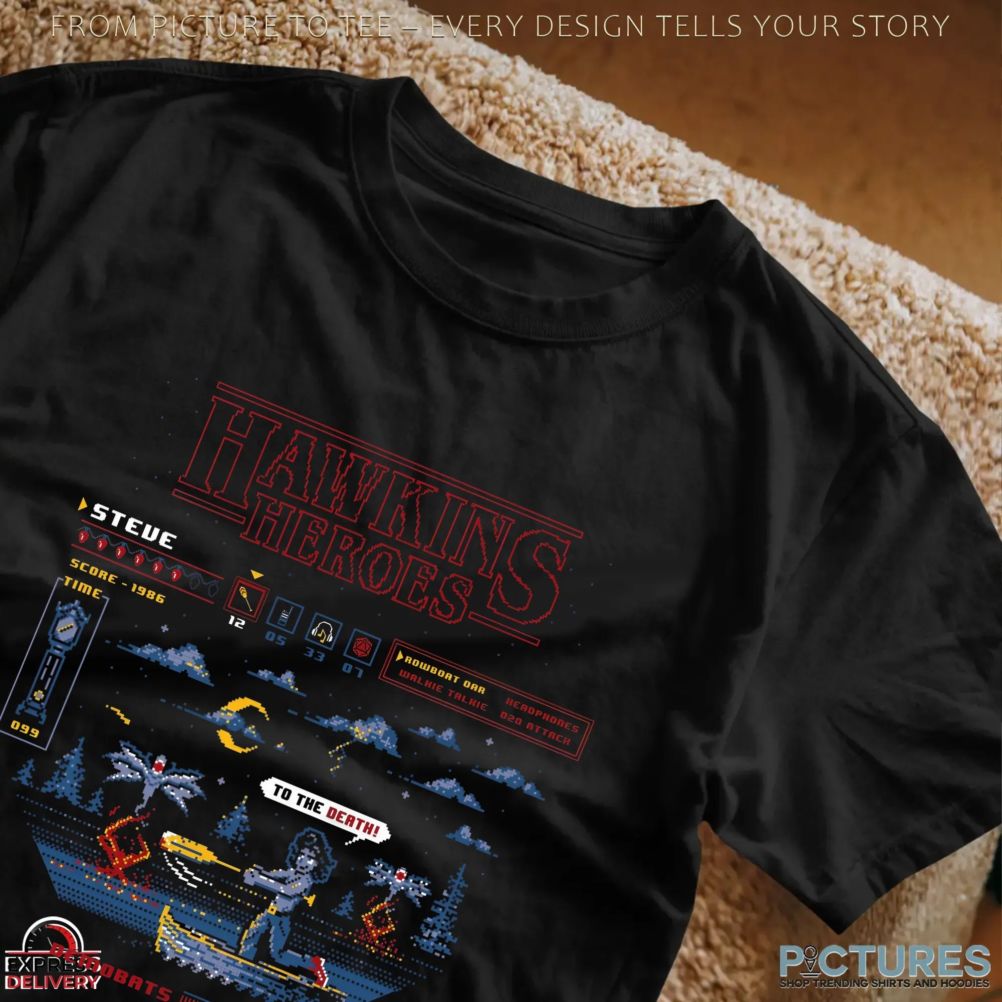 Hawkins Heroes Stranger Things Featuring Steve vs Demobats Retro Pixel T Shirt