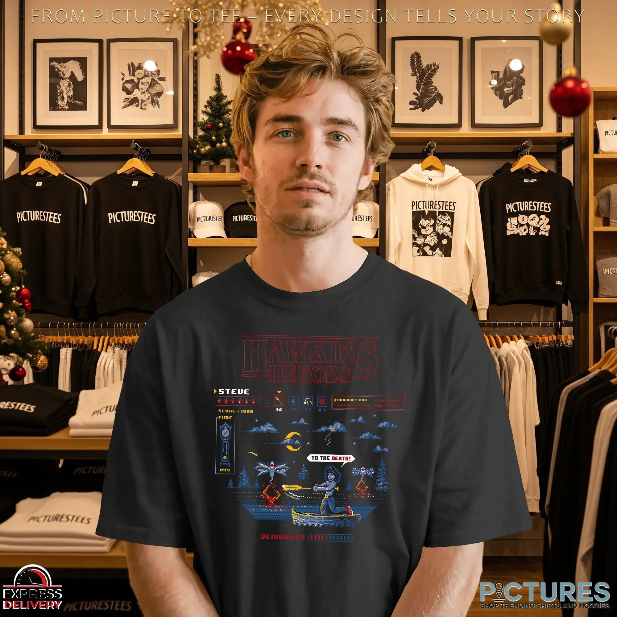 Hawkins Heroes Stranger Things Featuring Steve vs Demobats Retro Pixel T Shirt