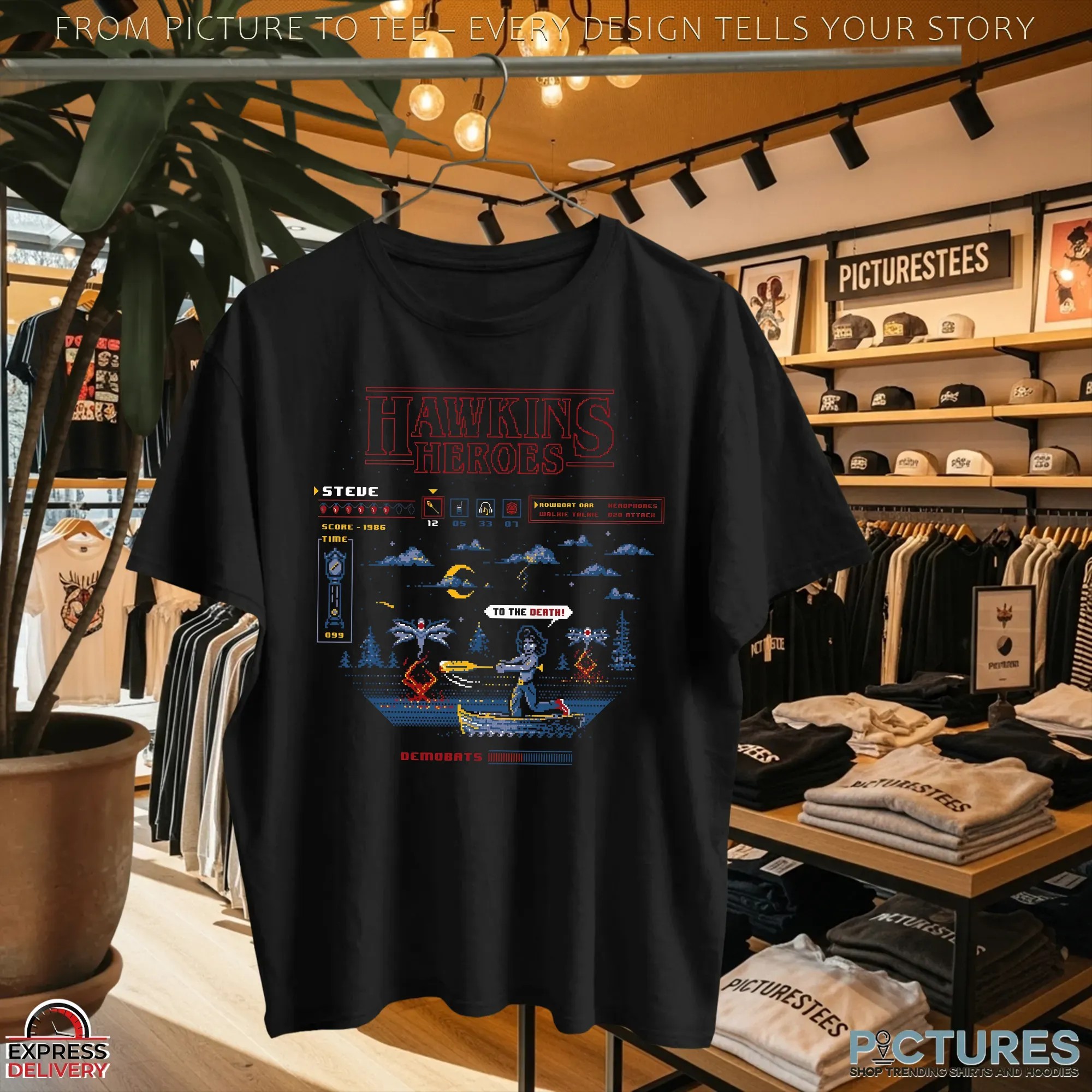 Hawkins Heroes Stranger Things Featuring Steve vs Demobats Retro Pixel T Shirt