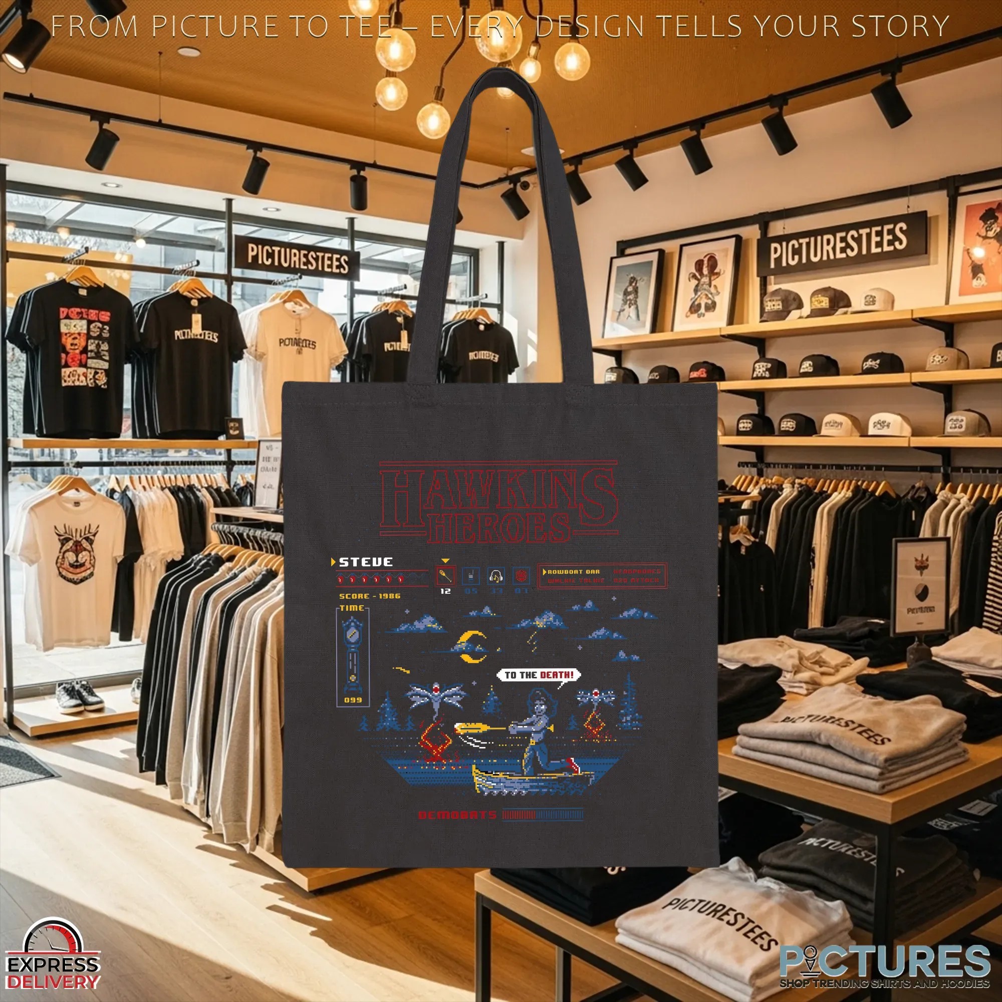 Hawkins Heroes Stranger Things Featuring Steve vs Demobats Retro Pixel T Shirt