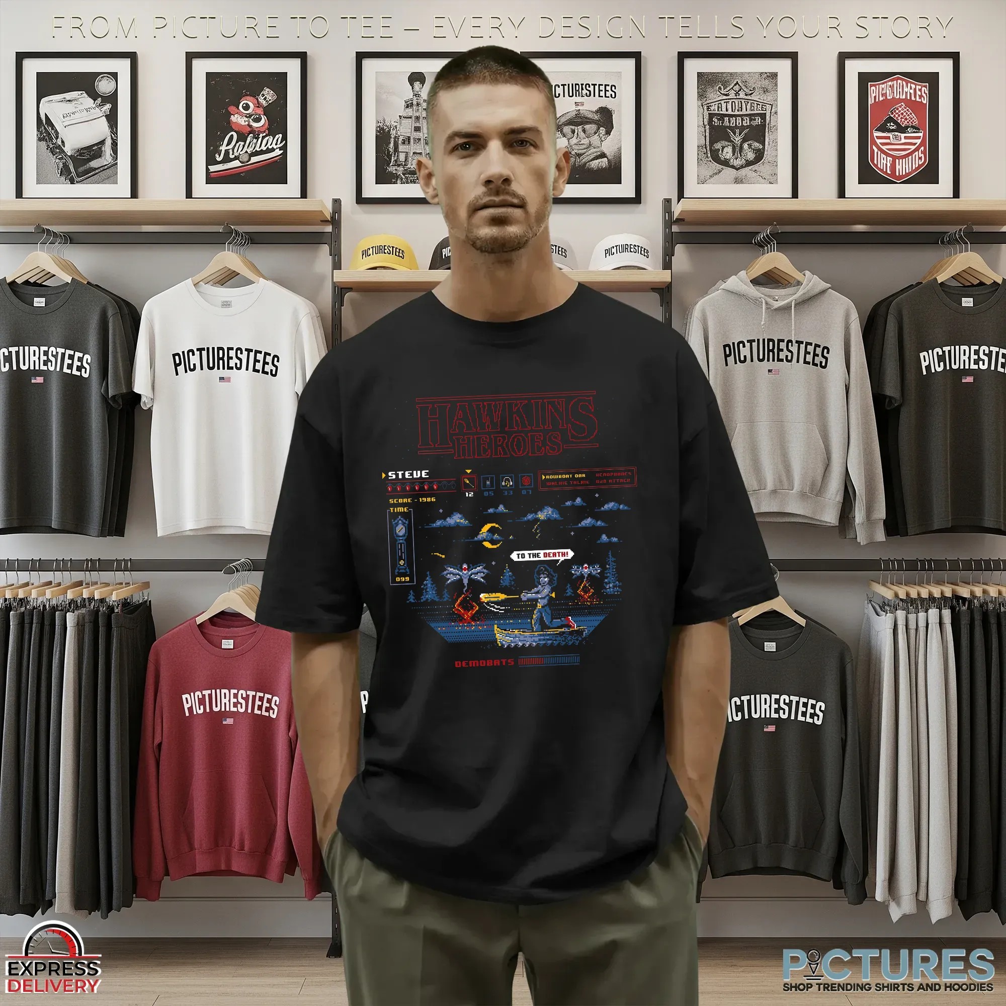 Hawkins Heroes Stranger Things Featuring Steve vs Demobats Retro Pixel T Shirt