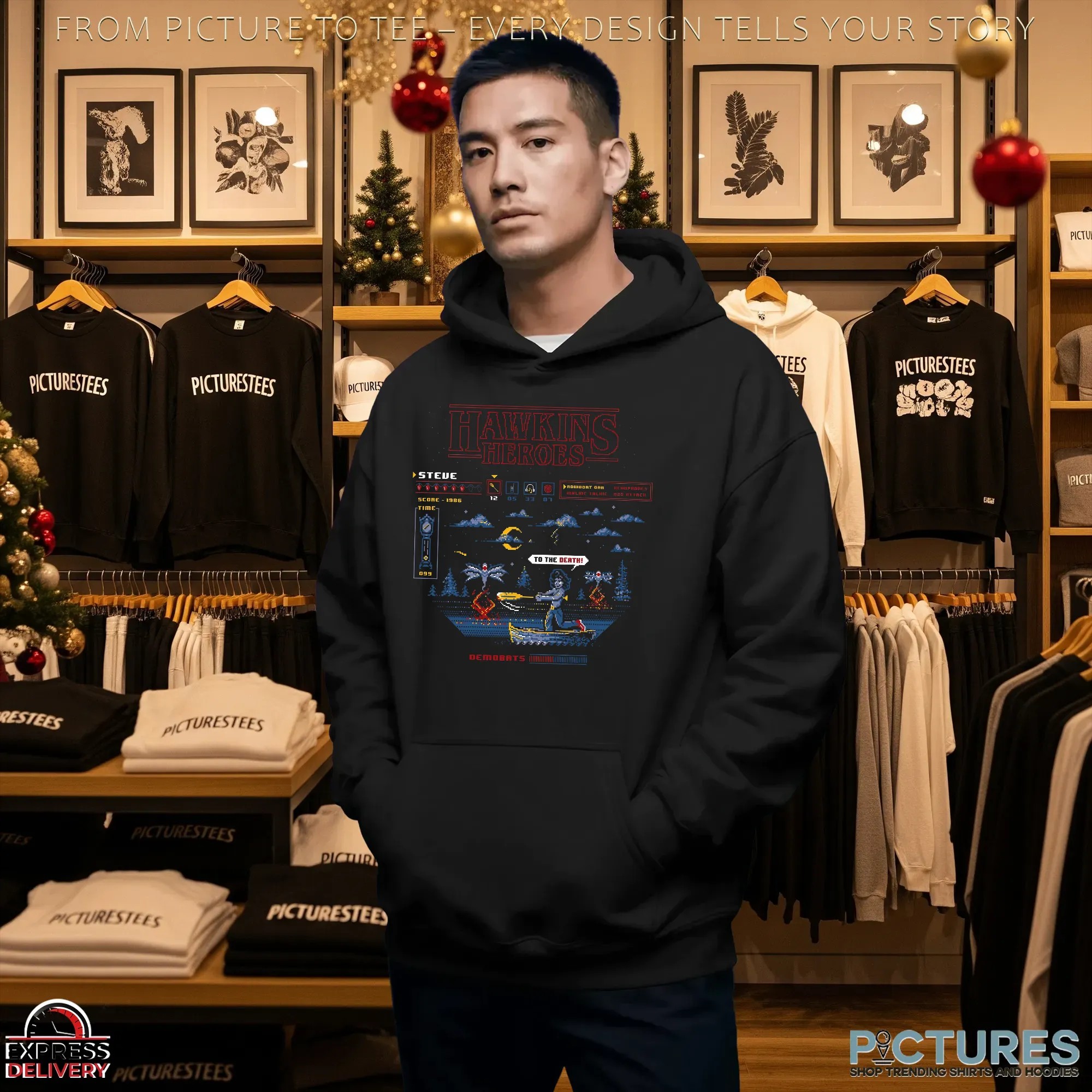 Hawkins Heroes Stranger Things Featuring Steve vs Demobats Retro Pixel T Shirt