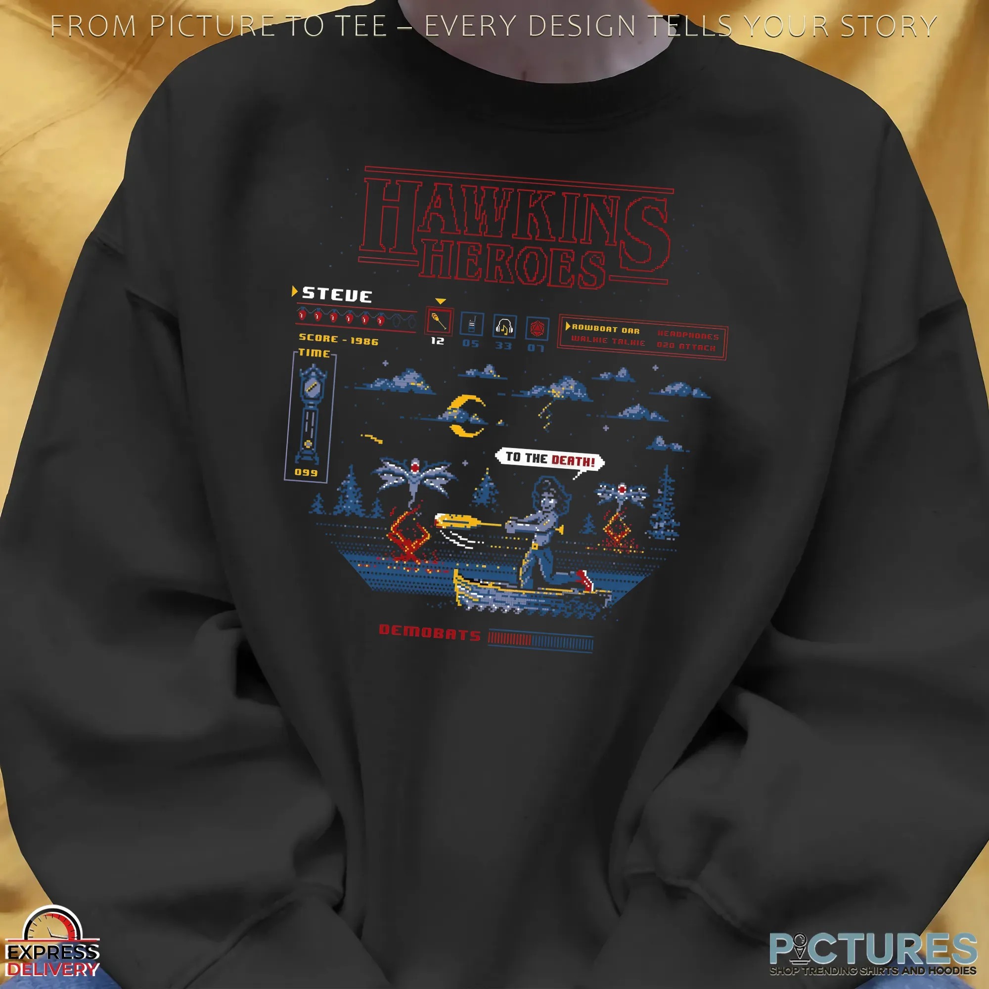 Hawkins Heroes Stranger Things Featuring Steve vs Demobats Retro Pixel T Shirt