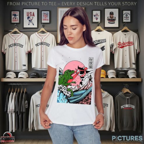 Horror Dinosaur Cat The Great Wave Off Kanagawa Catzilla Ocean Japanese Style T Shirt