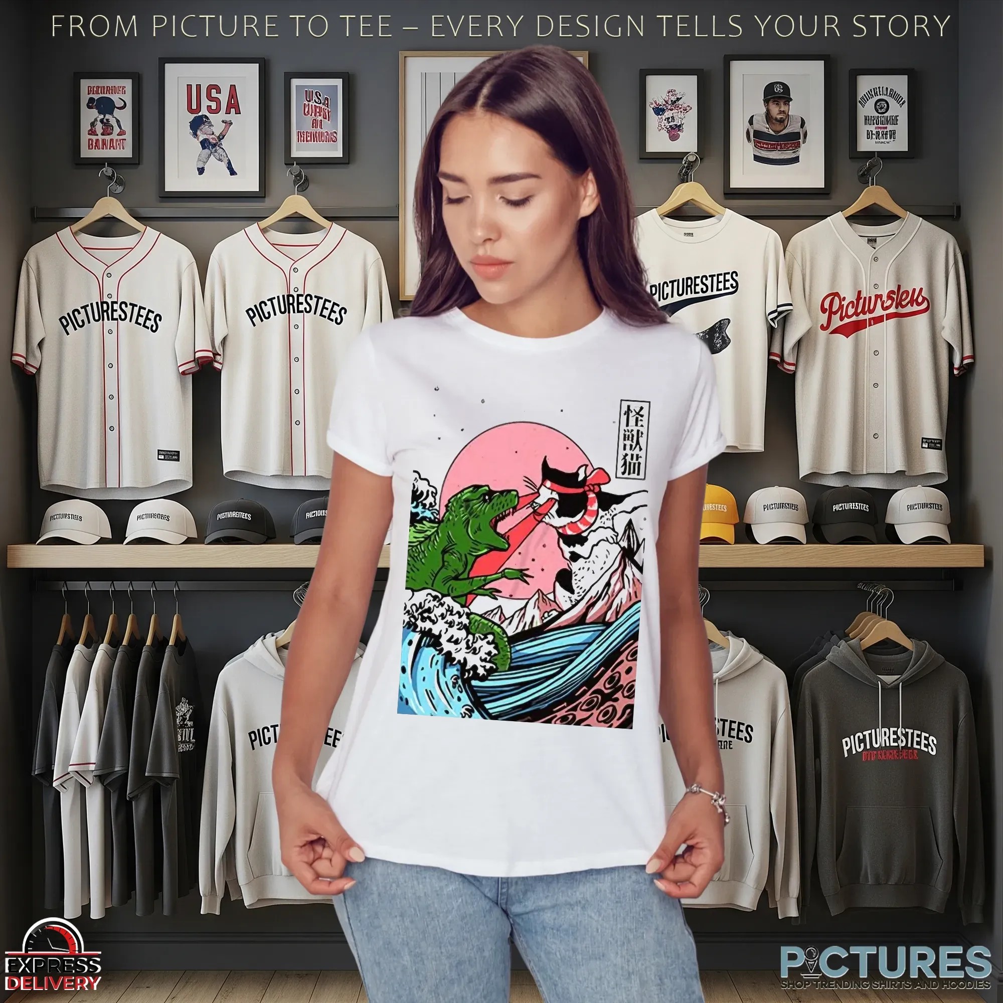 Horror Dinosaur Cat The Great Wave Off Kanagawa Catzilla Ocean Japanese Style T Shirt