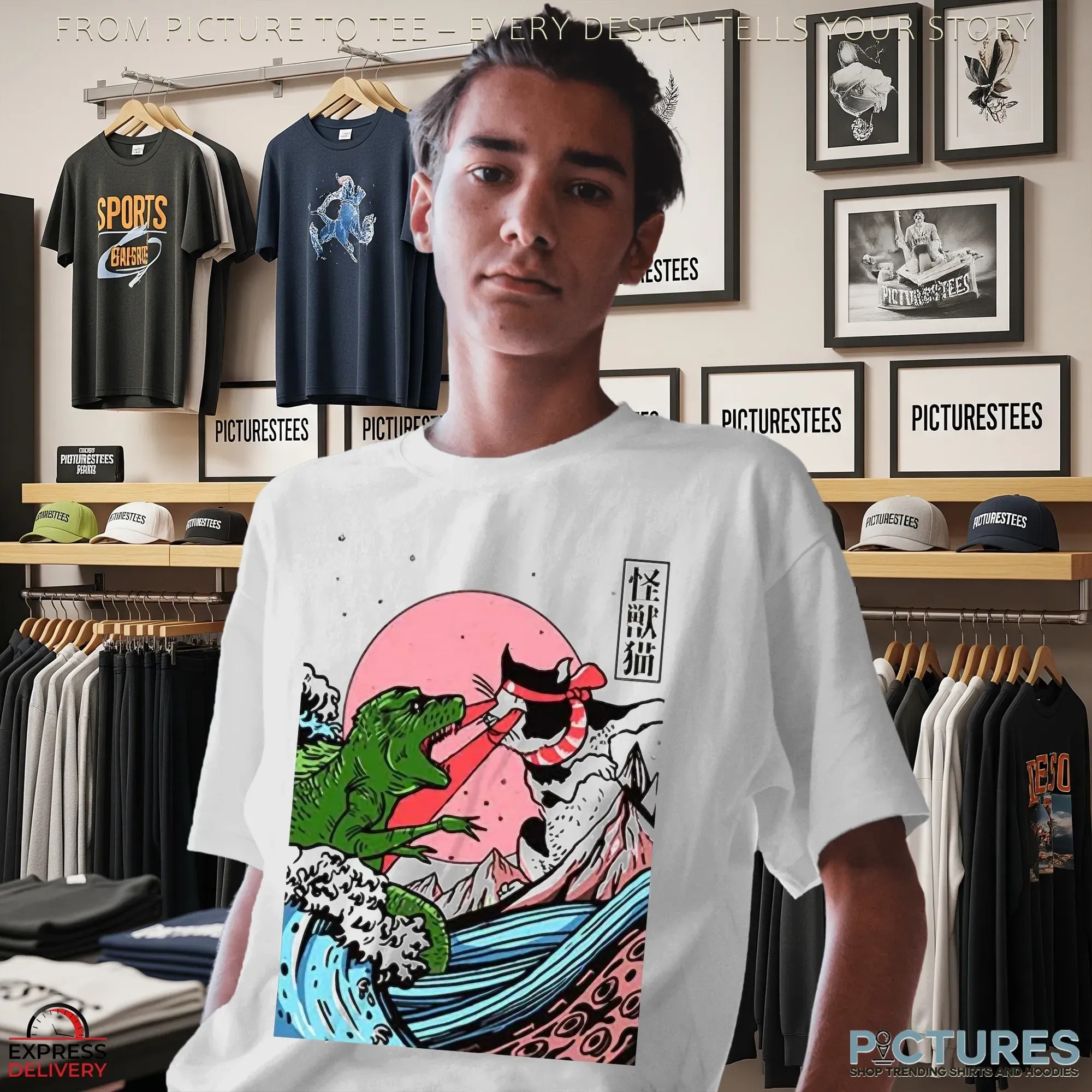 Horror Dinosaur Cat The Great Wave Off Kanagawa Catzilla Ocean Japanese Style T Shirt