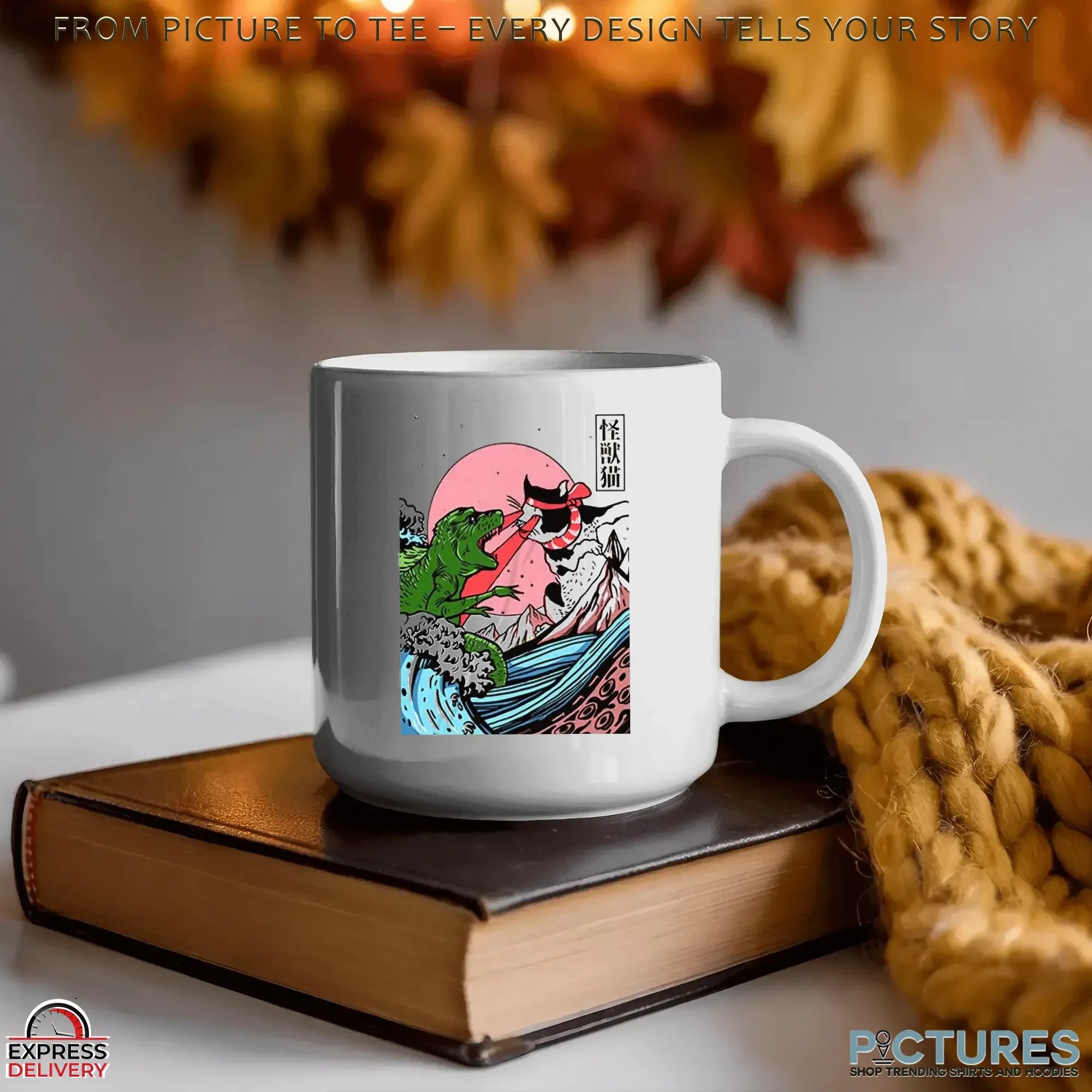 Horror Dinosaur Cat The Great Wave Off Kanagawa Catzilla Ocean Japanese Style T Shirt