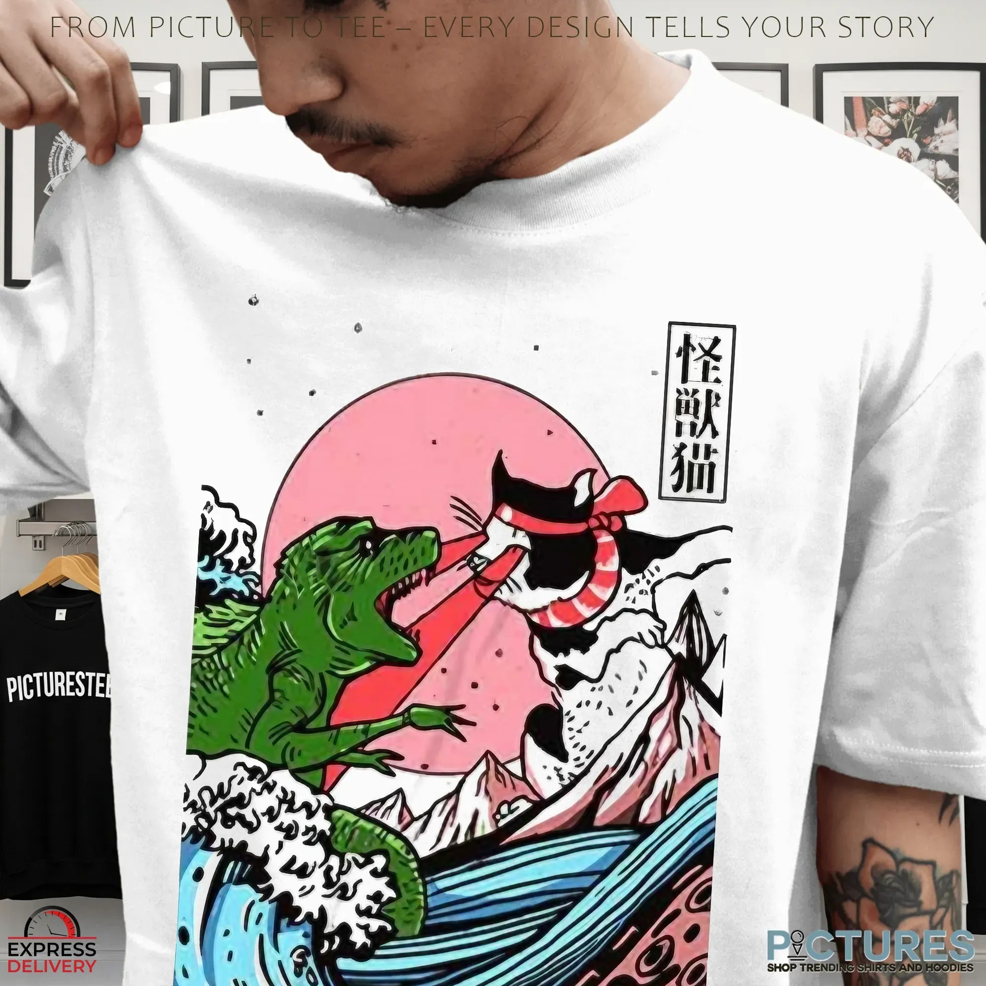 Horror Dinosaur Cat The Great Wave Off Kanagawa Catzilla Ocean Japanese Style T Shirt