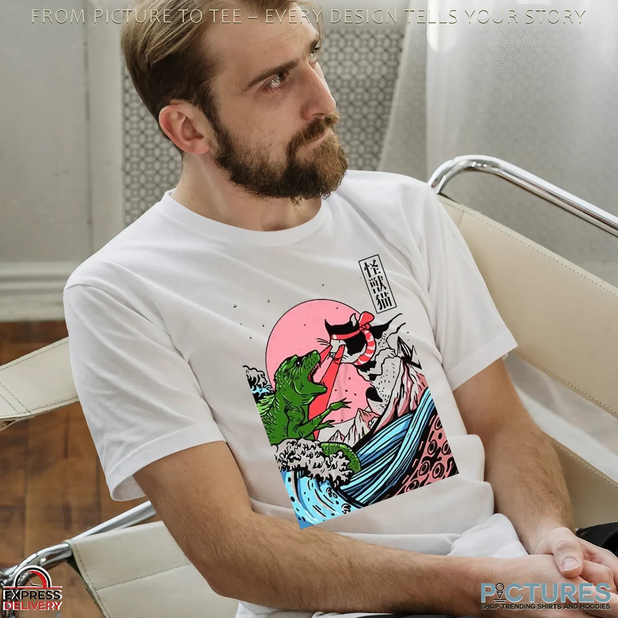 Horror Dinosaur Cat The Great Wave Off Kanagawa Catzilla Ocean Japanese Style T Shirt