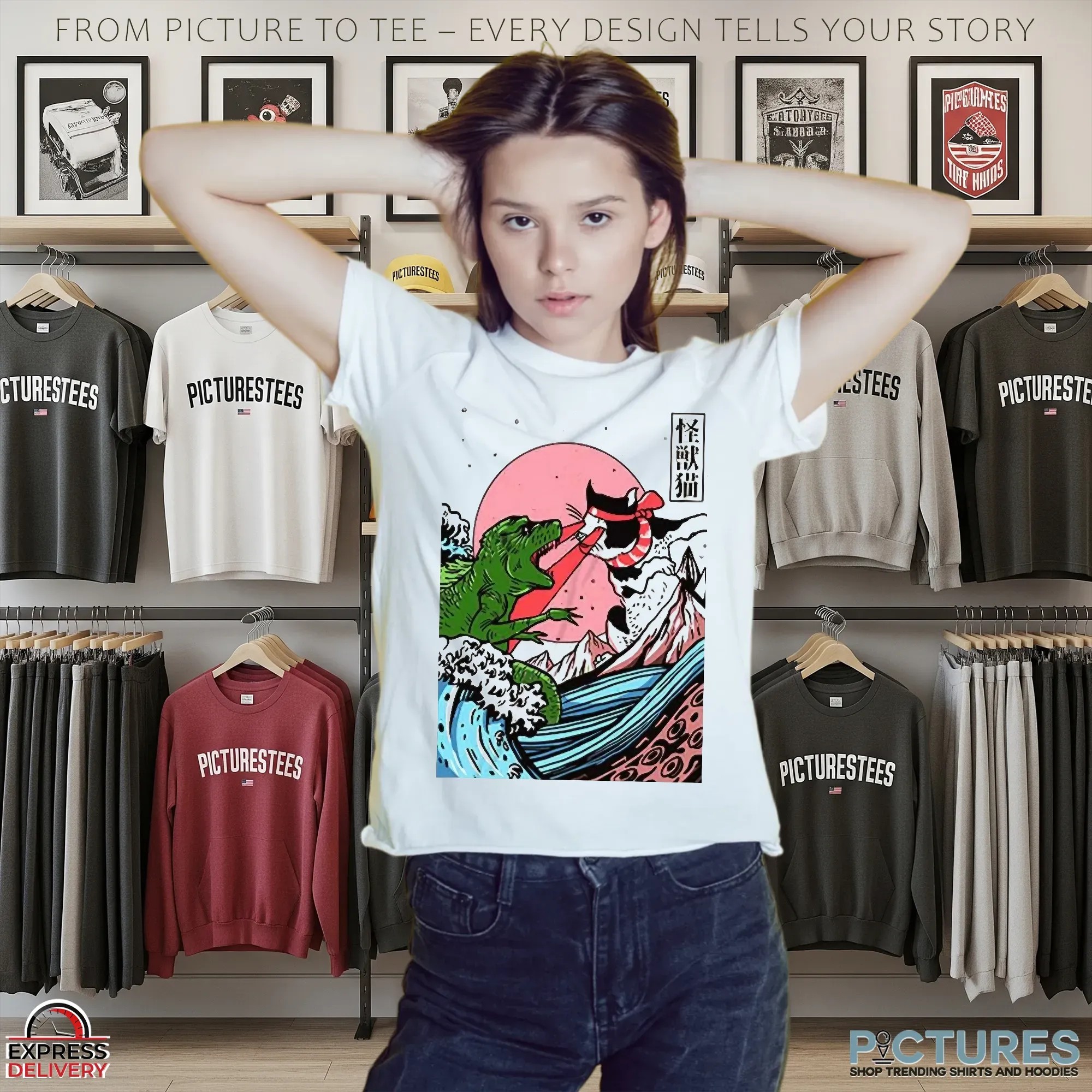 Horror Dinosaur Cat The Great Wave Off Kanagawa Catzilla Ocean Japanese Style T Shirt
