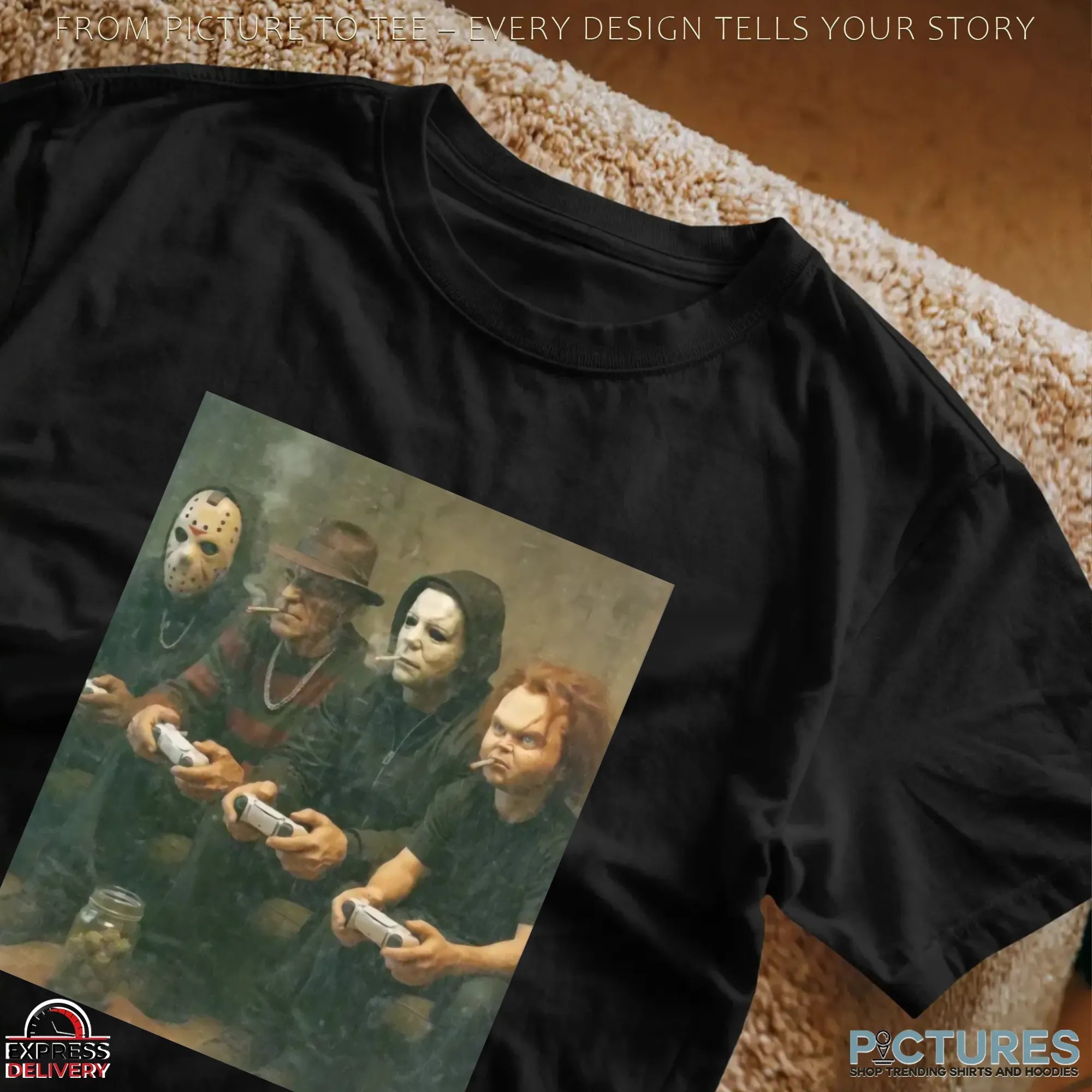 Horror Villains Jason, Freddy, Michael & Chucky Smoking and Playing Video Games Couch Meme T Shirt