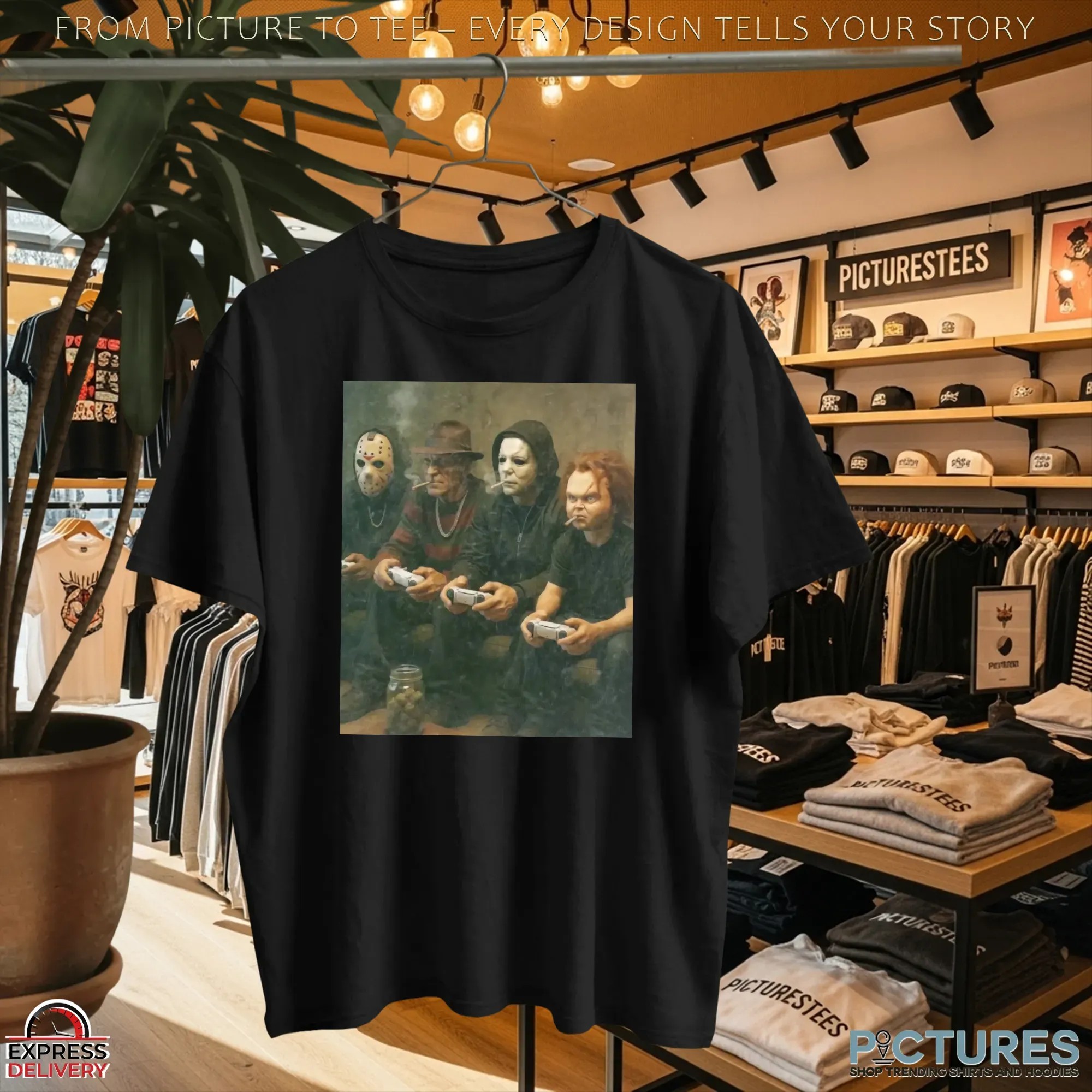 Horror Villains Jason, Freddy, Michael & Chucky Smoking and Playing Video Games Couch Meme T Shirt