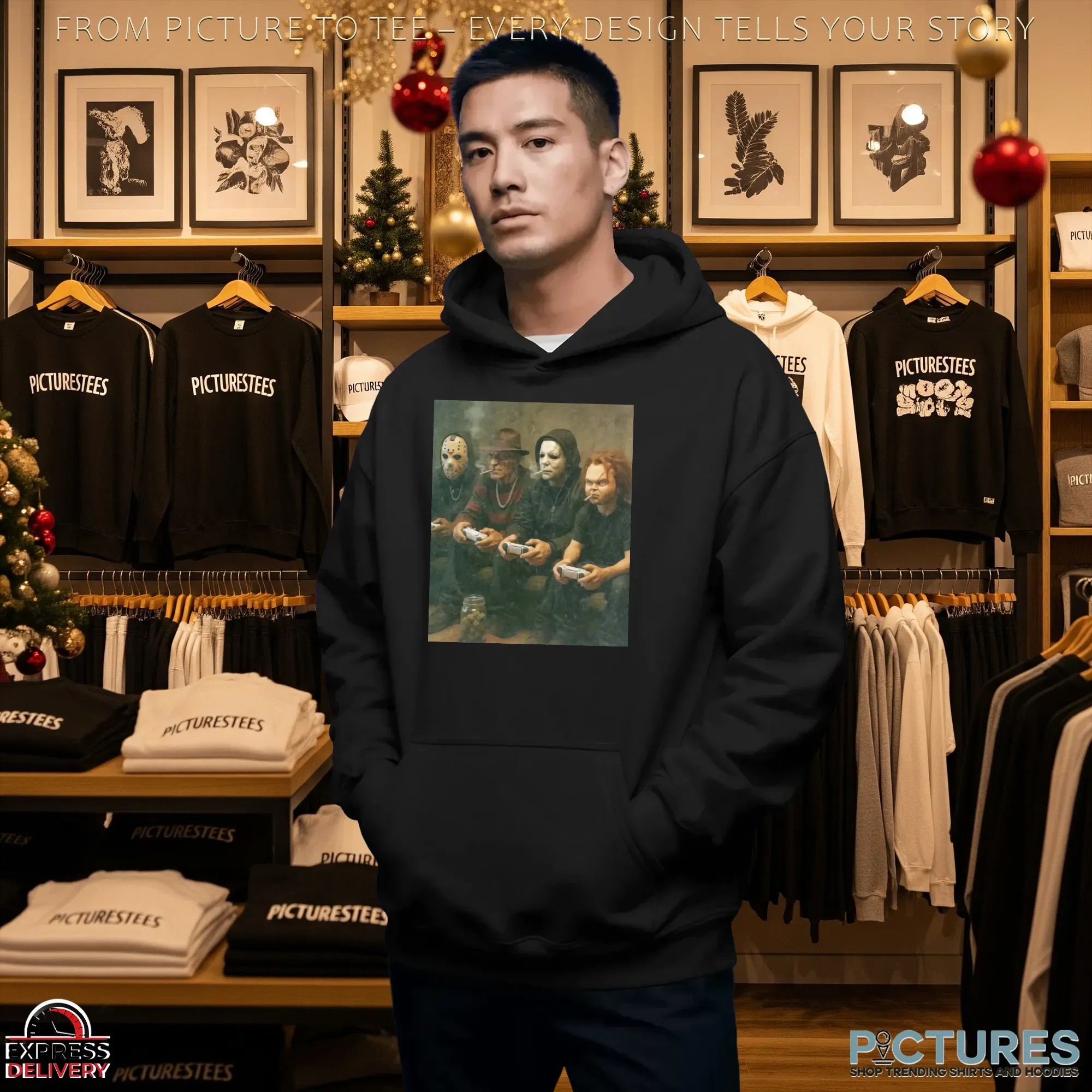 Horror Villains Jason, Freddy, Michael & Chucky Smoking and Playing Video Games Couch Meme T Shirt