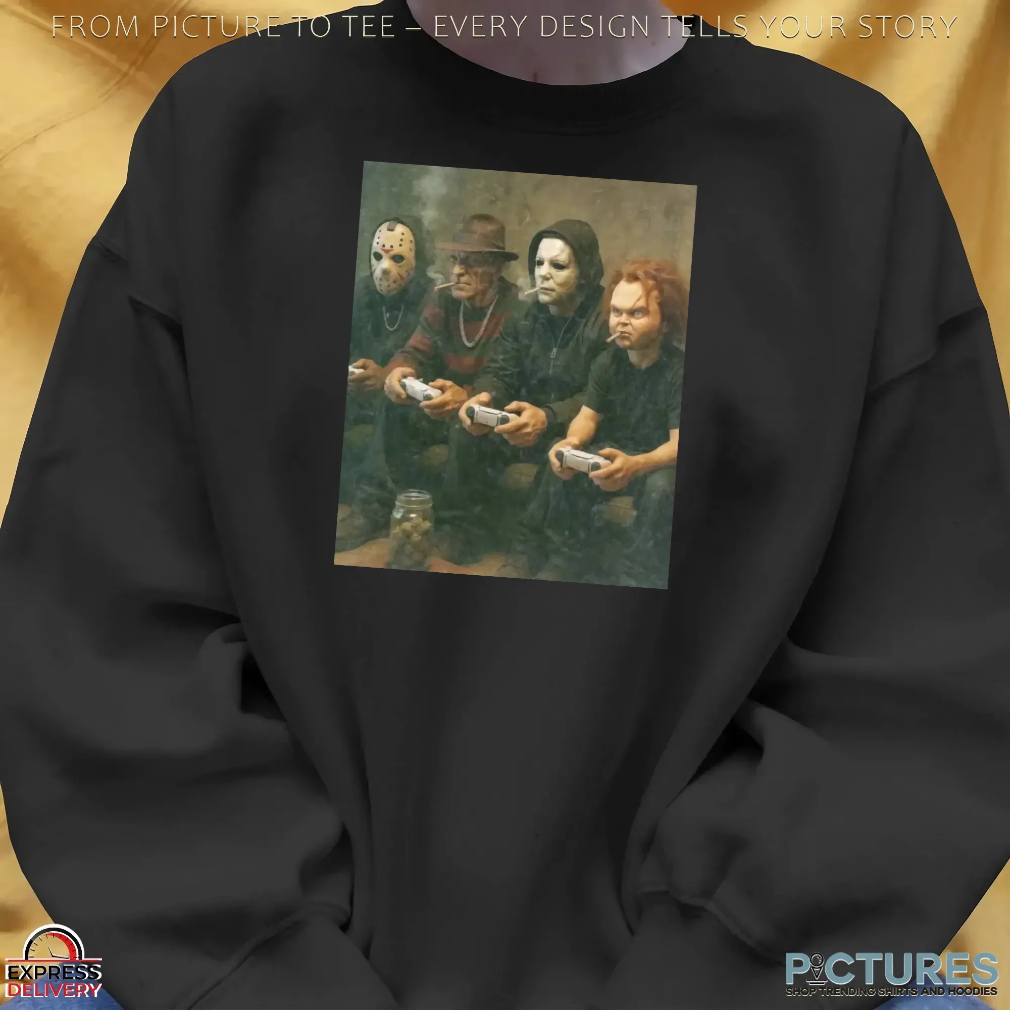 Horror Villains Jason, Freddy, Michael & Chucky Smoking and Playing Video Games Couch Meme T Shirt