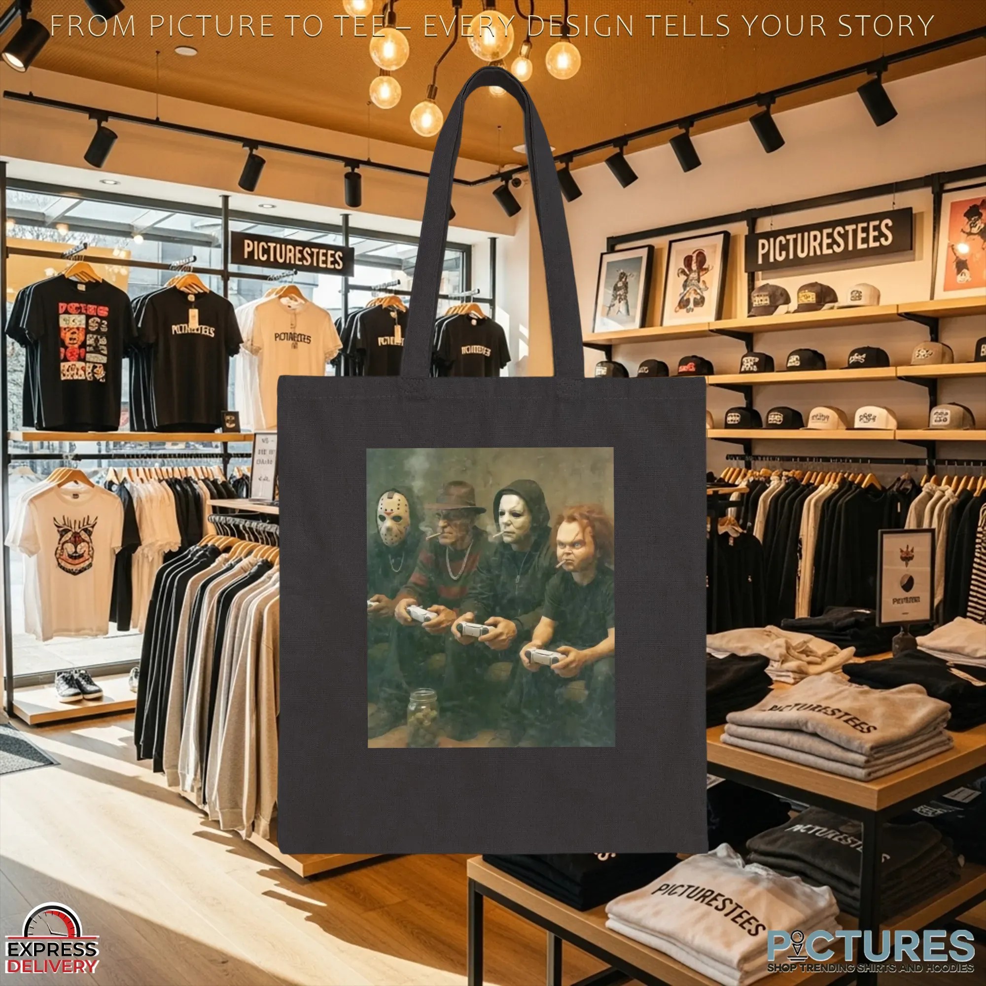 Horror Villains Jason, Freddy, Michael & Chucky Smoking and Playing Video Games Couch Meme T Shirt