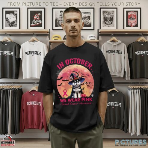 Husky In October We Wear Pink Breast Cancer Awarness Halloween T Shirt