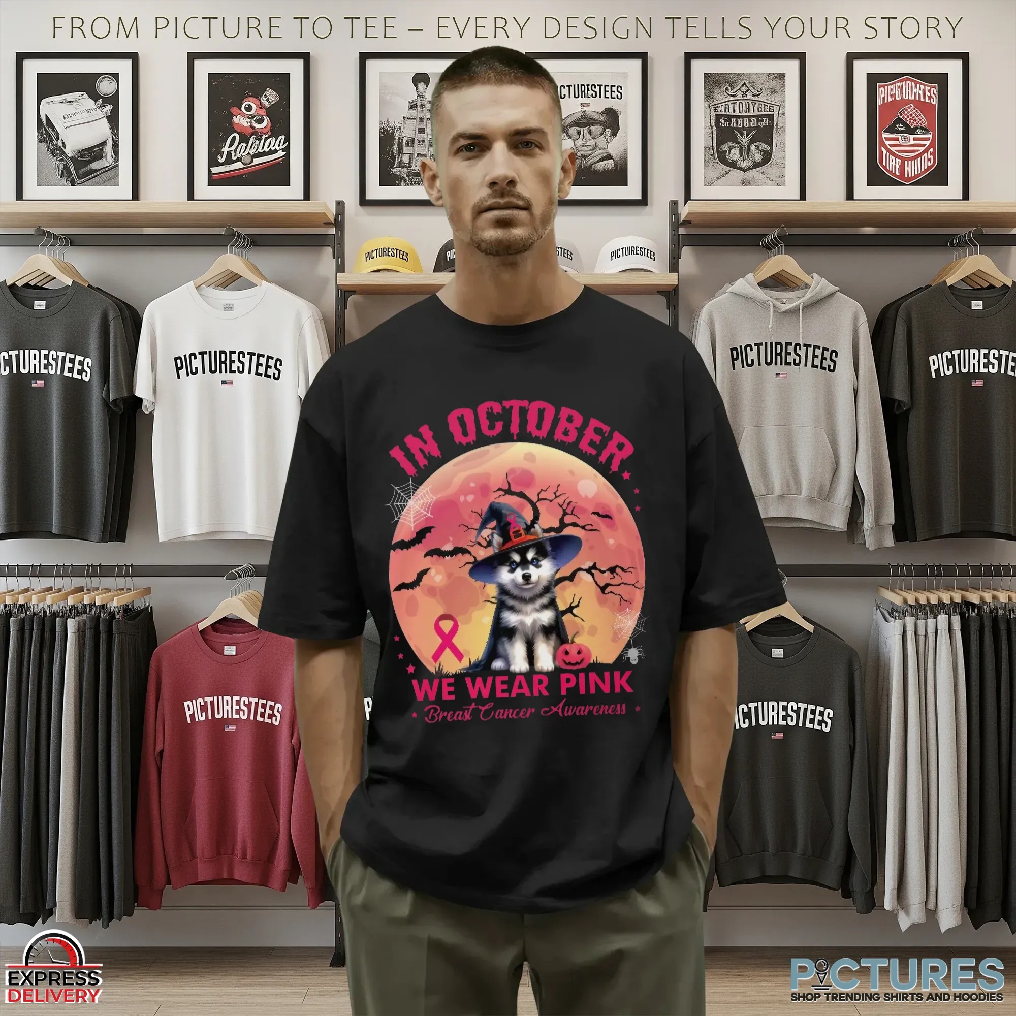 Husky In October We Wear Pink Breast Cancer Awarness Halloween T Shirt Husky In October We Wear Pink Breast Cancer Awarness Halloween T Shirt