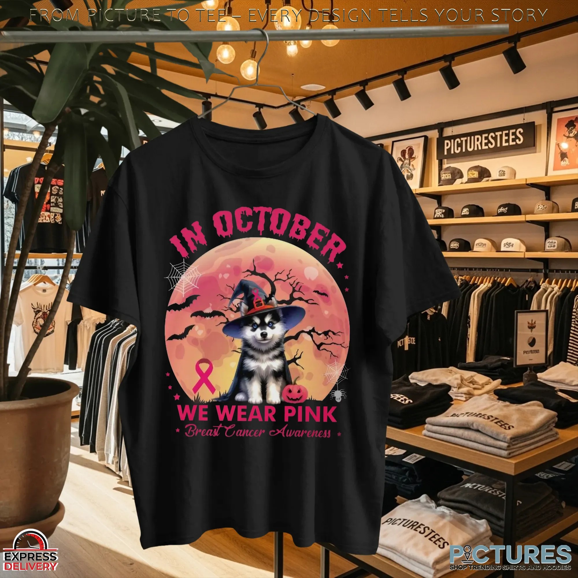 Husky In October We Wear Pink Breast Cancer Awarness Halloween T Shirt Husky In October We Wear Pink Breast Cancer Awarness Halloween T Shirt