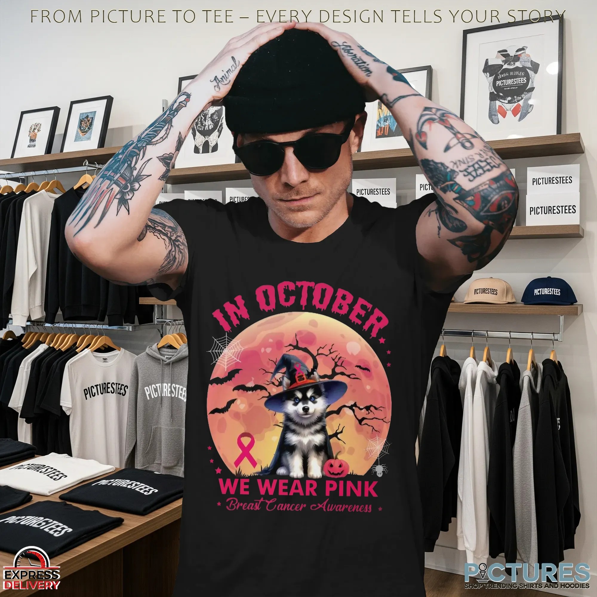 Husky In October We Wear Pink Breast Cancer Awarness Halloween T Shirt Husky In October We Wear Pink Breast Cancer Awarness Halloween T Shirt